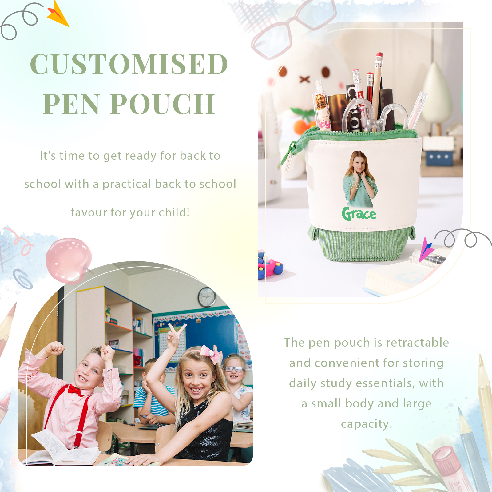 Astuccio per matite personalizzato con 1 nome e 1 foto regalo per scuola elementare bambini