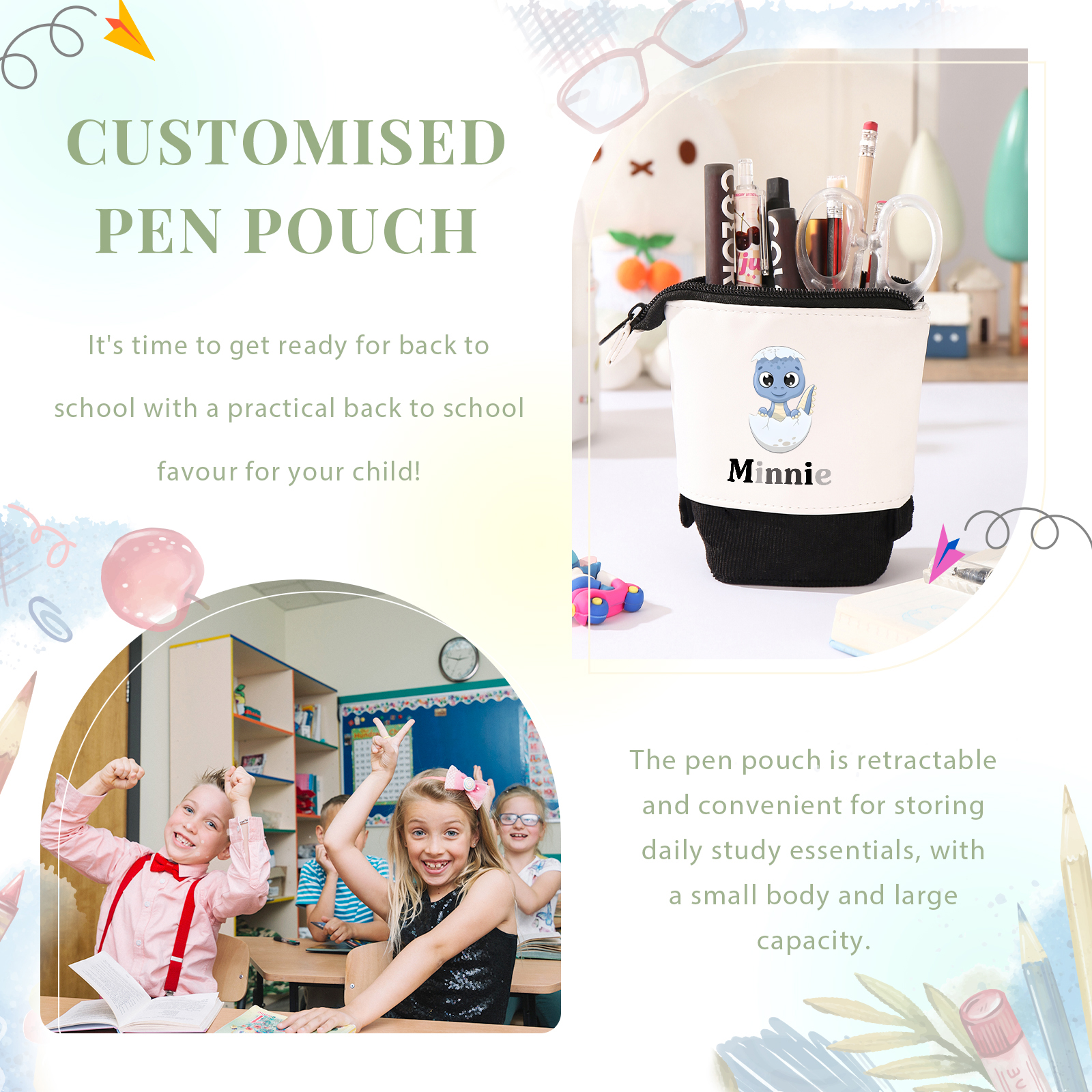 Astuccio per matite personalizzato con 1 nome e 1 bimbo dinosauro regalo per scuola elementare bambini