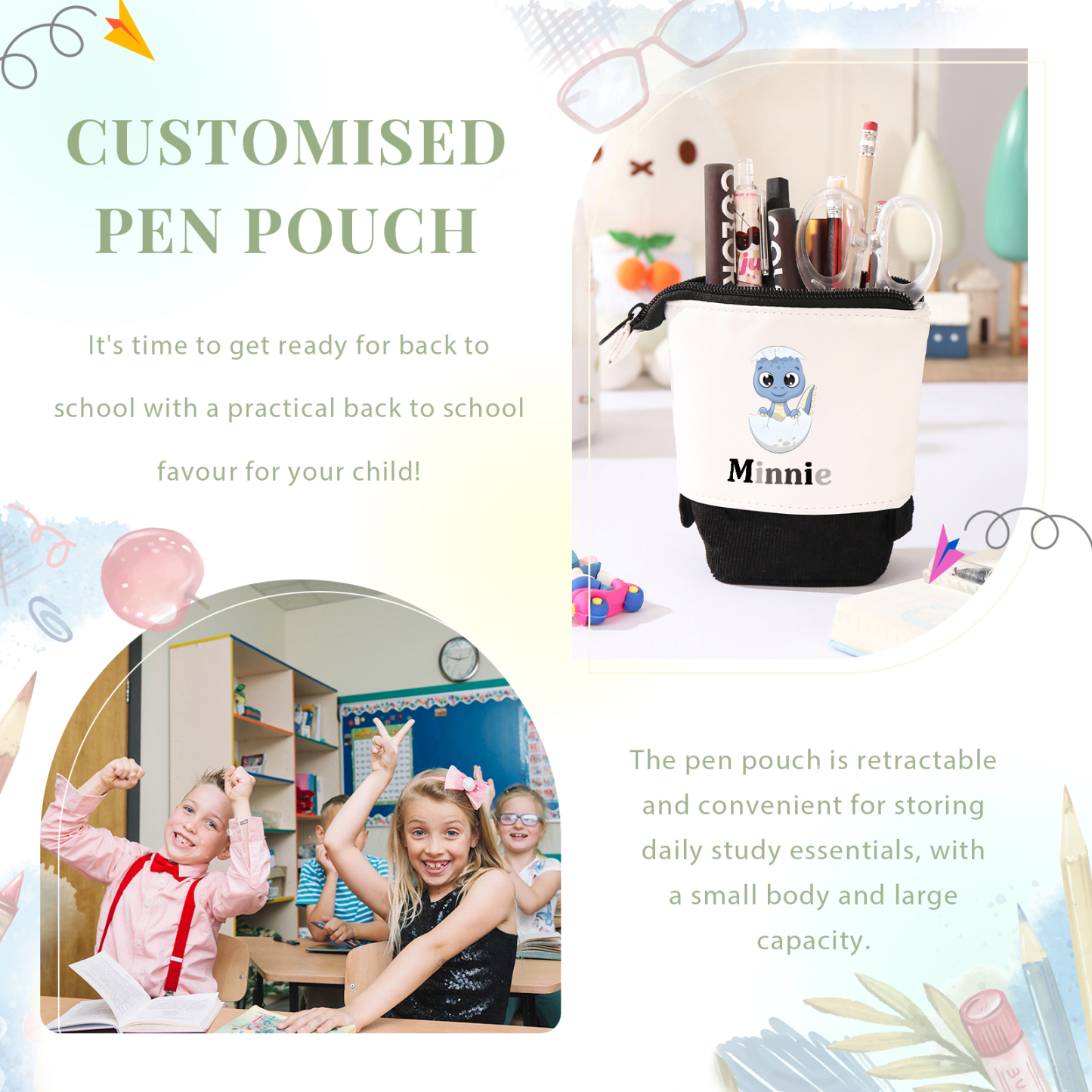 Astuccio per matite personalizzato con 1 nome e 1 bimbo dinosauro regalo per scuola elementare bambini