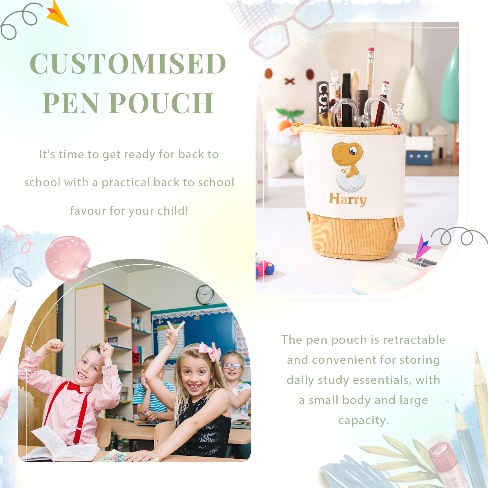 Astuccio per matite personalizzato con 1 nome e 1 bimbo dinosauro regalo per scuola elementare bambini