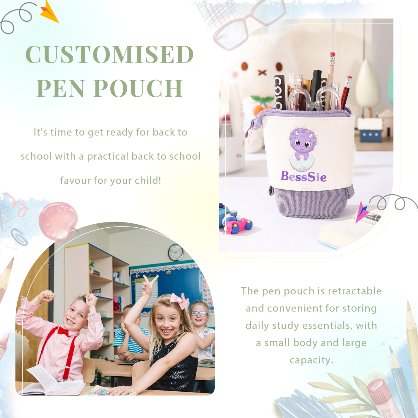 Astuccio per matite personalizzato con 1 nome e 1 bimbo dinosauro regalo per scuola elementare bambini