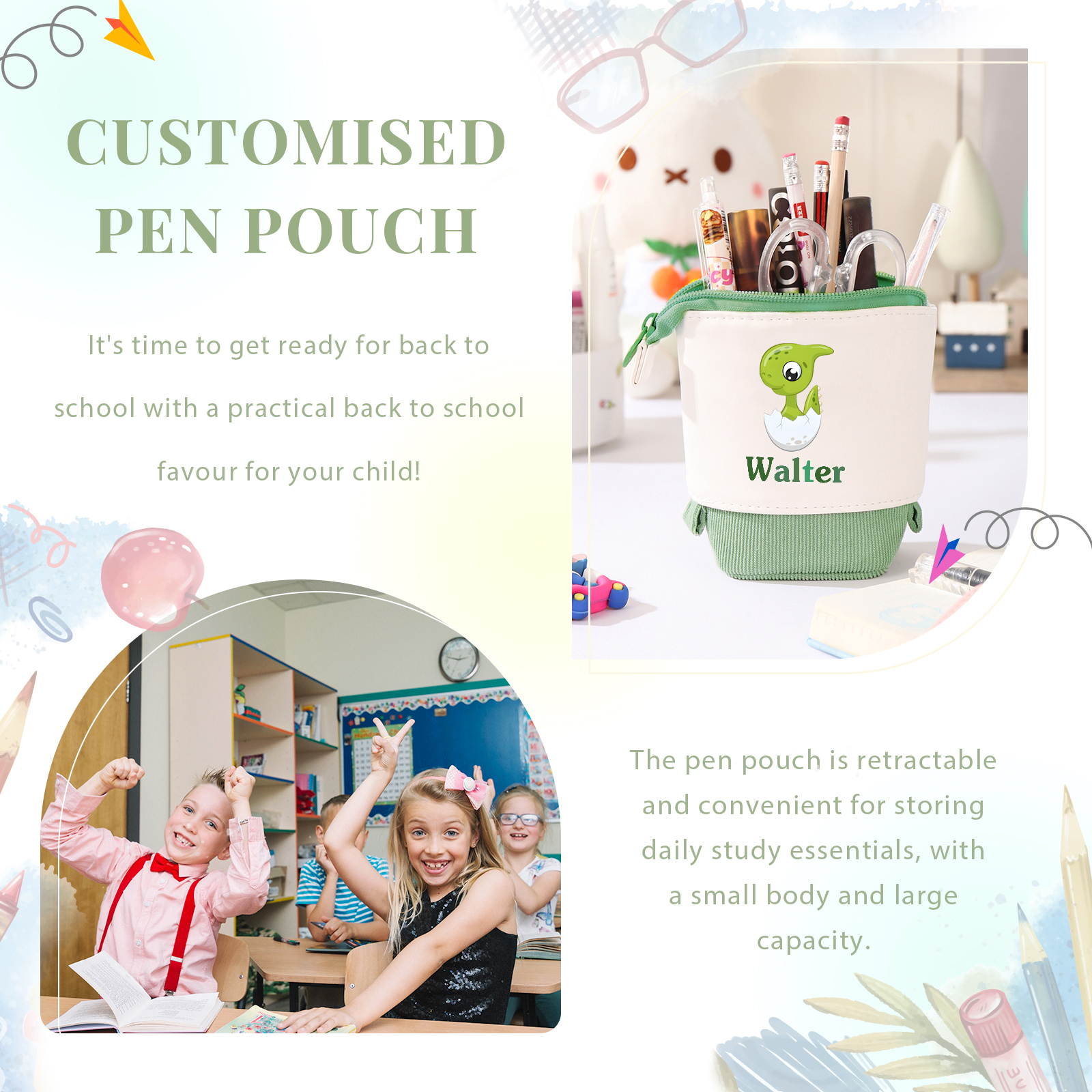Astuccio per matite personalizzato con 1 nome e 1 bimbo dinosauro regalo per scuola elementare bambini