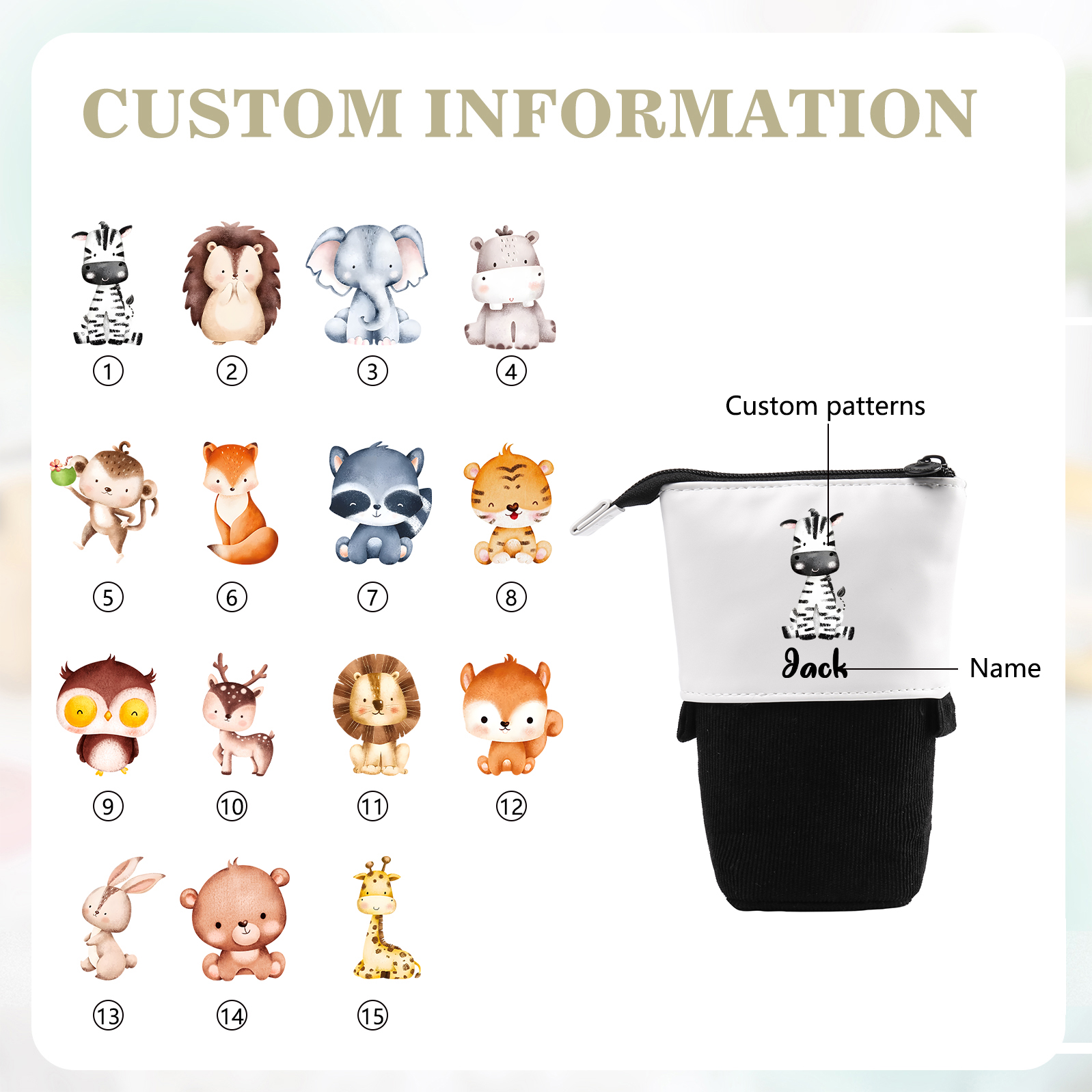 Astuccio per matite personalizzato con 1 nome e 1 animale regalo per scuola elementare bambini