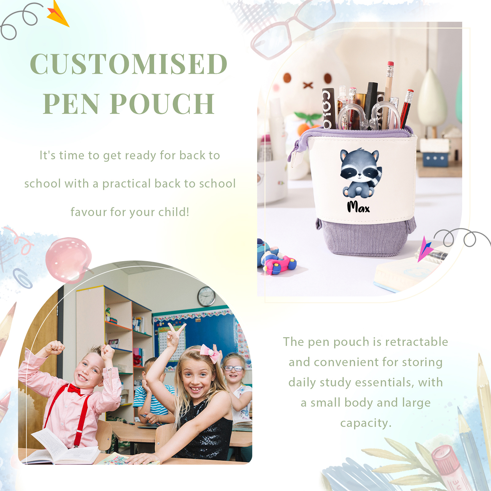 Astuccio per matite personalizzato con 1 nome e 1 animale regalo per scuola elementare bambini