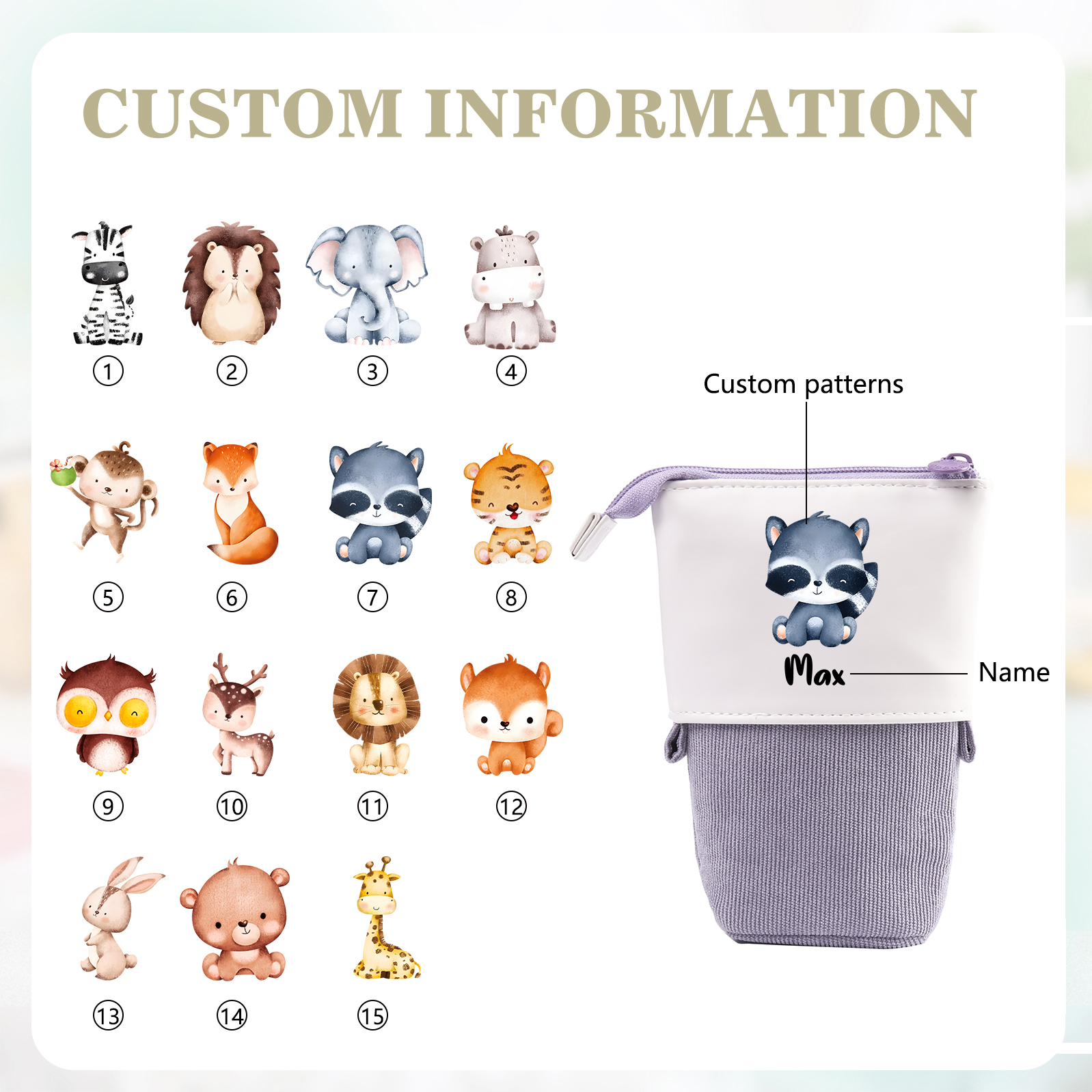 Astuccio per matite personalizzato con 1 nome e 1 animale regalo per scuola elementare bambini