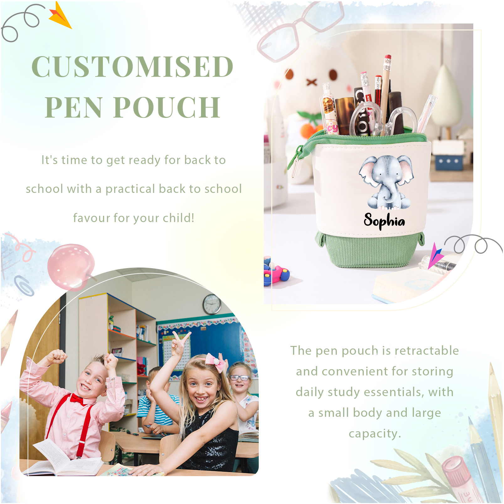Astuccio per matite personalizzato con 1 nome e 1 animale regalo per scuola elementare bambini