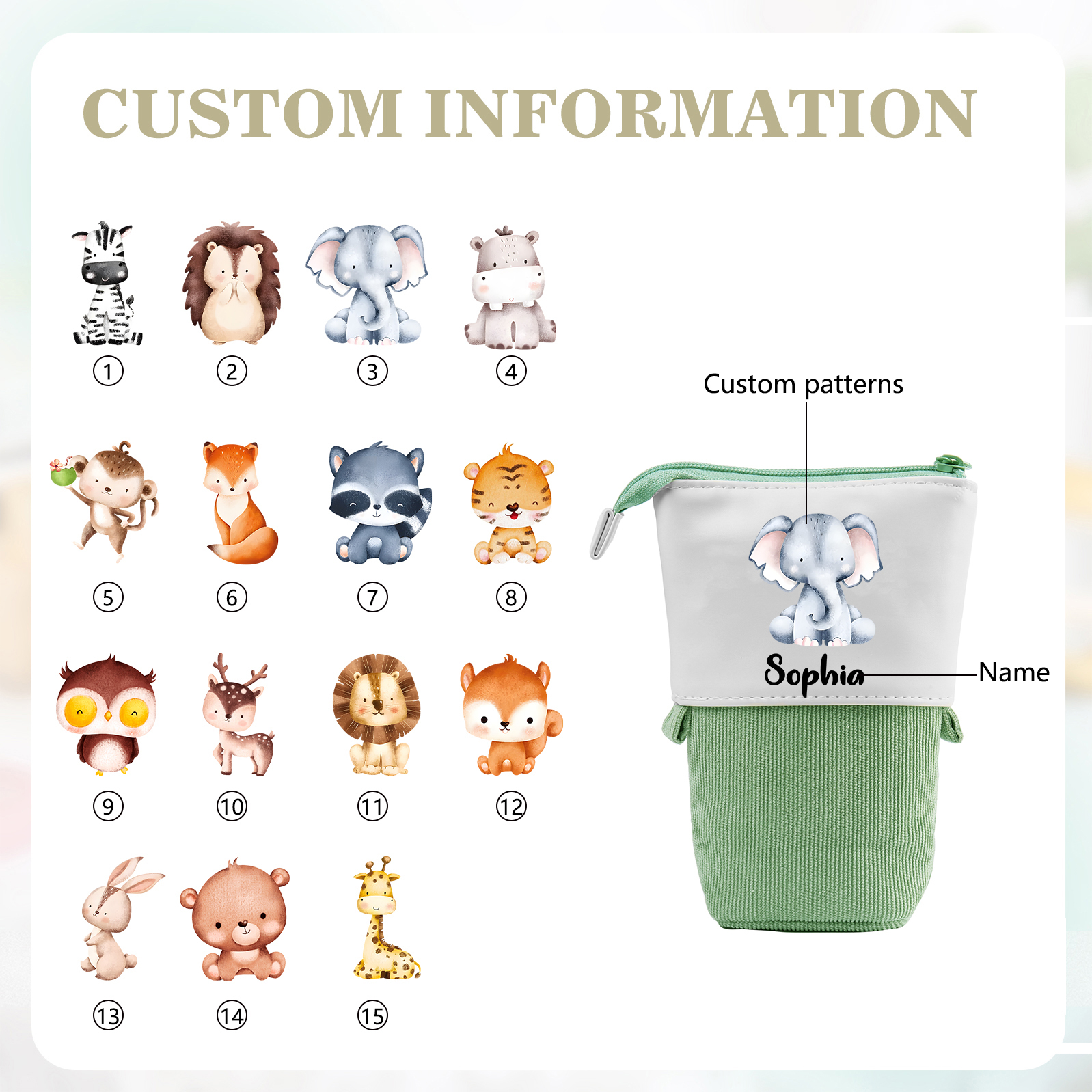 Astuccio per matite personalizzato con 1 nome e 1 animale regalo per scuola elementare bambini