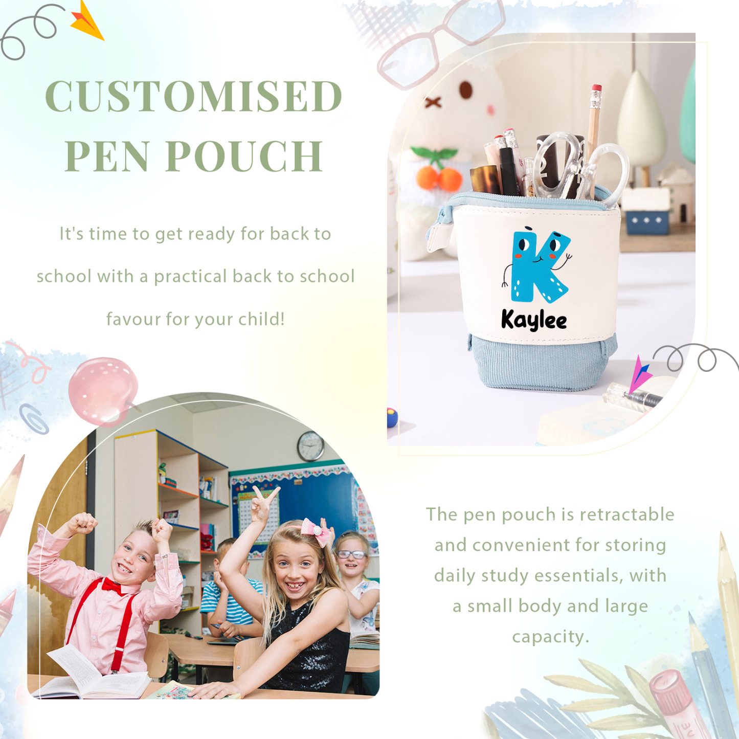 Astuccio per matite personalizzato con 1 nome e 1 lettera regalo per scuola elementare bambini