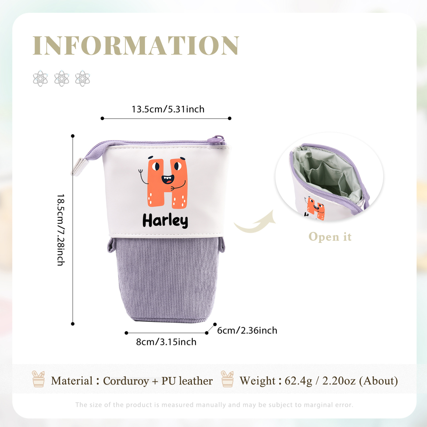 Astuccio per matite personalizzato con 1 nome e 1 lettera regalo per scuola elementare bambini