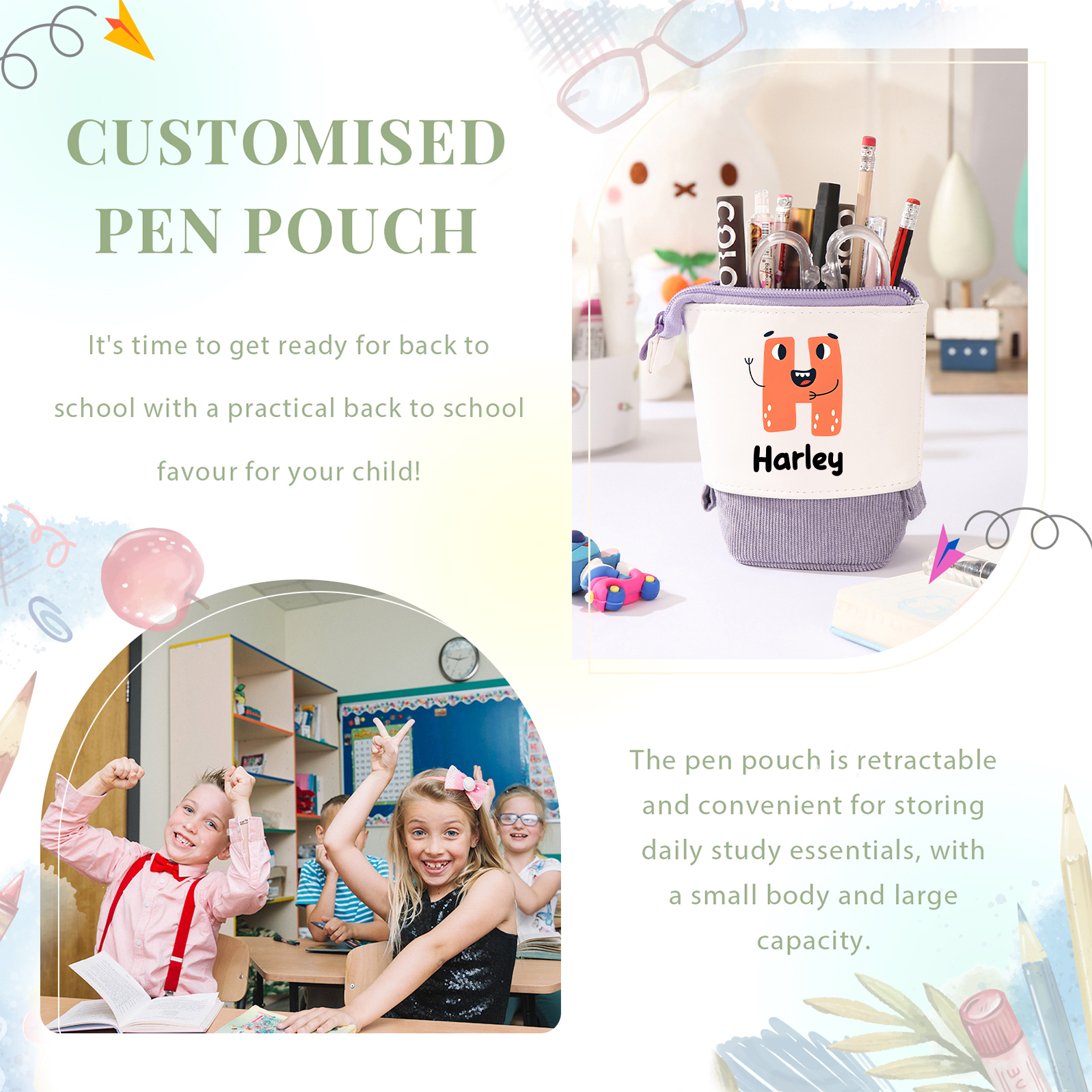 Astuccio per matite personalizzato con 1 nome e 1 lettera regalo per scuola elementare bambini