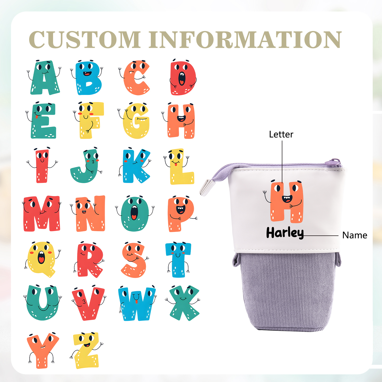 Astuccio per matite personalizzato con 1 nome e 1 lettera regalo per scuola elementare bambini