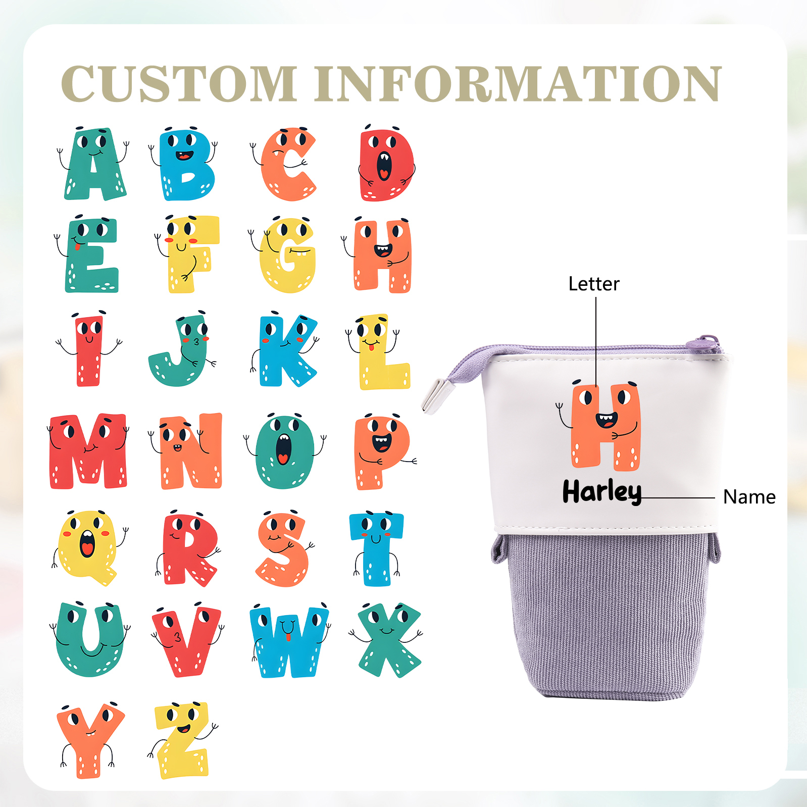 Astuccio per matite personalizzato con 1 nome e 1 lettera regalo per scuola elementare bambini