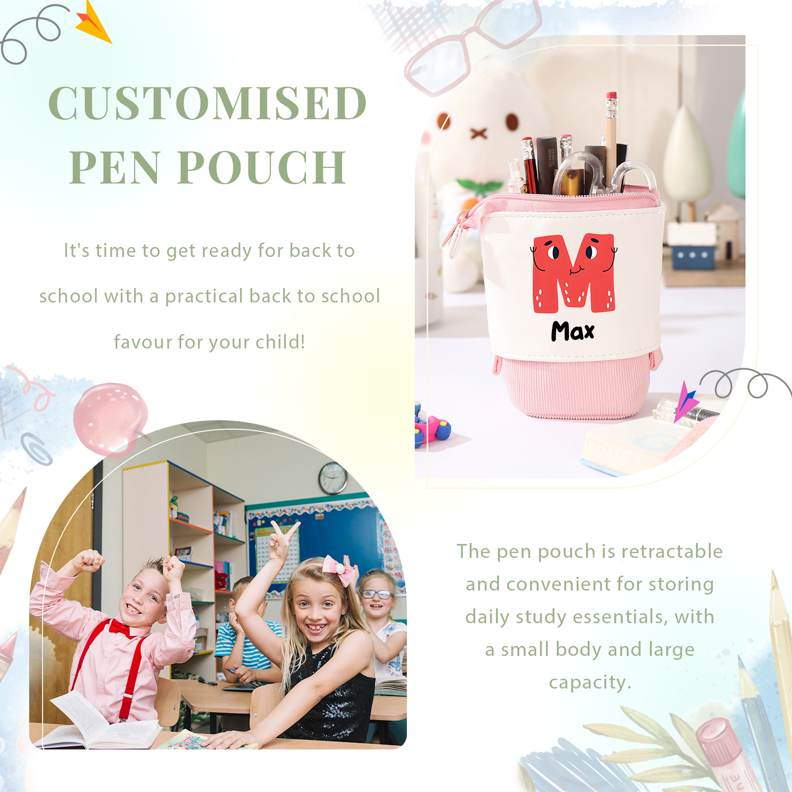 Astuccio per matite personalizzato con 1 nome e 1 lettera regalo per scuola elementare bambini