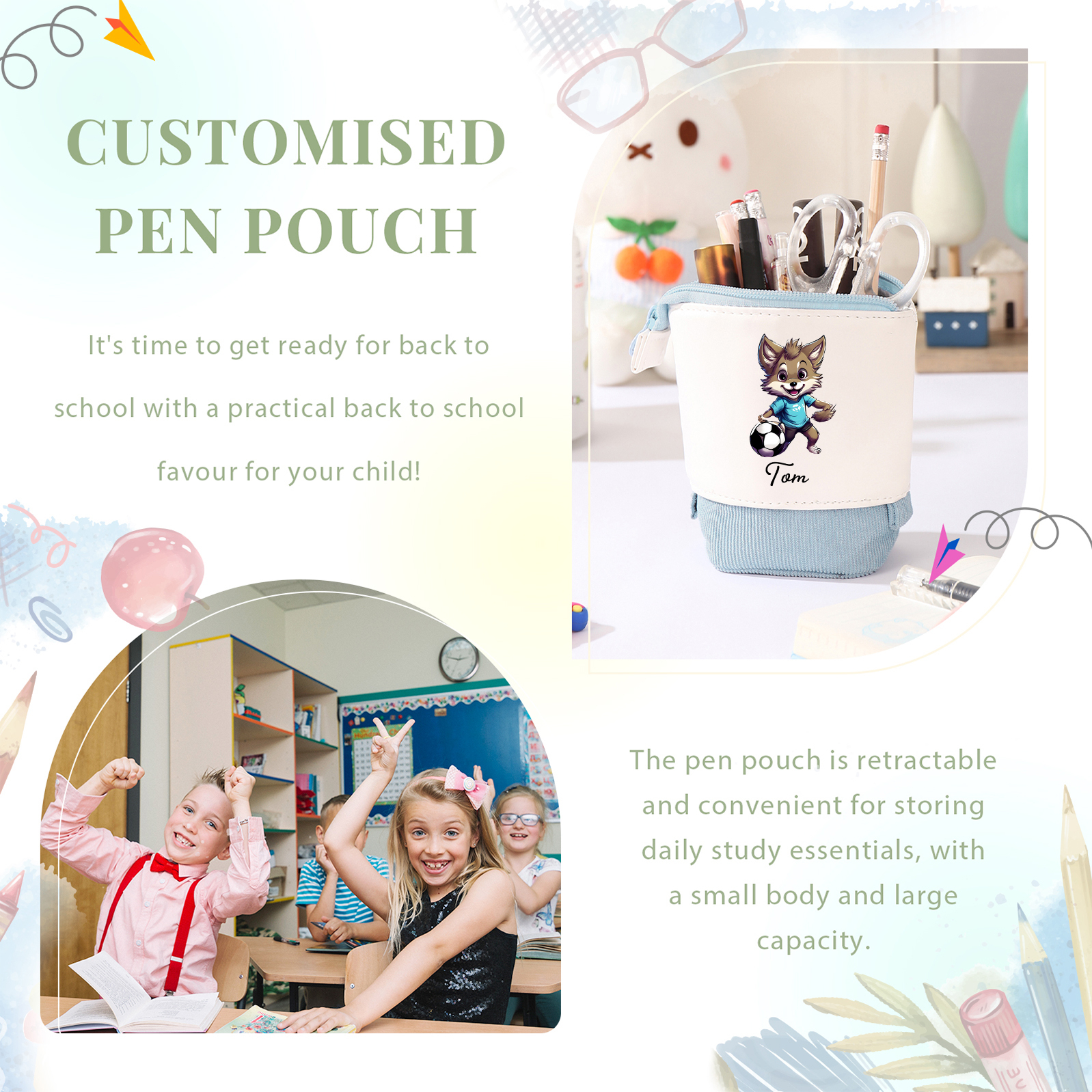 Astuccio per matite animale personalizzato con 1 nome e 1 animale regalo per scuola elementare bambini