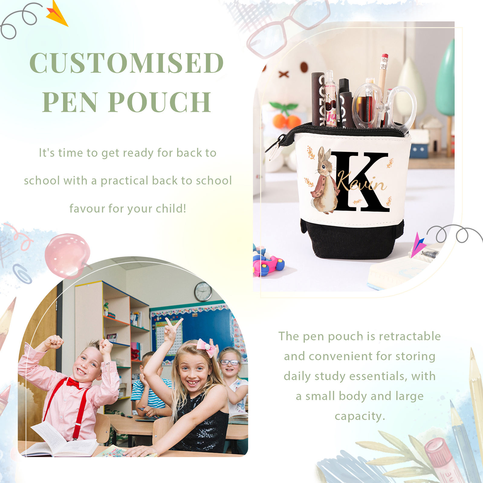 Astuccio per matite coniglio personalizzato con 1 nome e 1 lettera per scuola elementare bambini