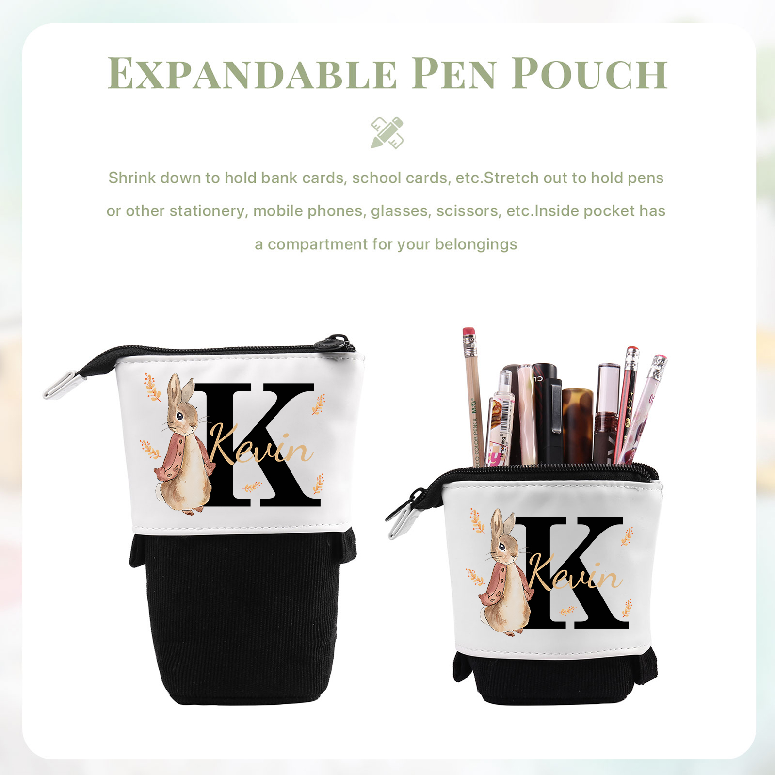 Astuccio per matite coniglio personalizzato con 1 nome e 1 lettera per scuola elementare bambini