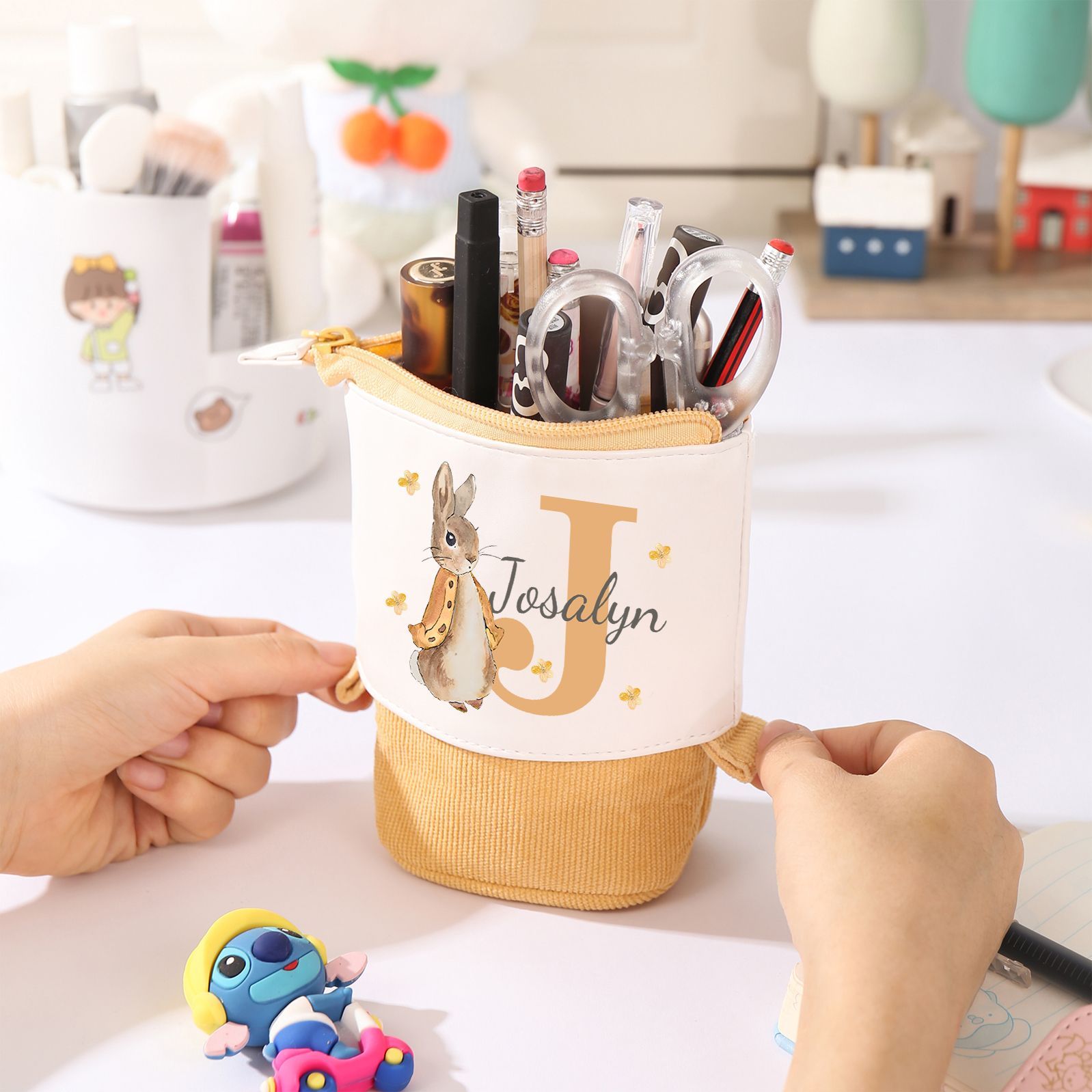 Astuccio per matite coniglio personalizzato con 1 nome e 1 lettera per scuola elementare bambini