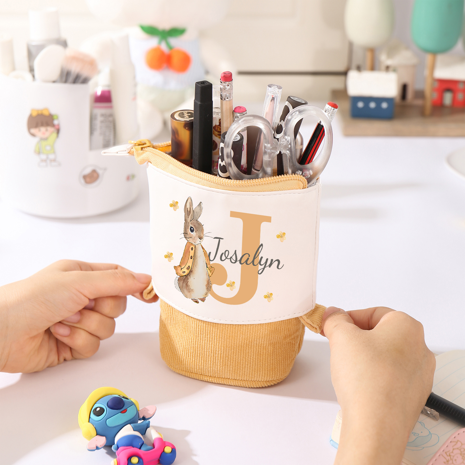 Astuccio per matite coniglio personalizzato con 1 nome e 1 lettera per scuola elementare bambini