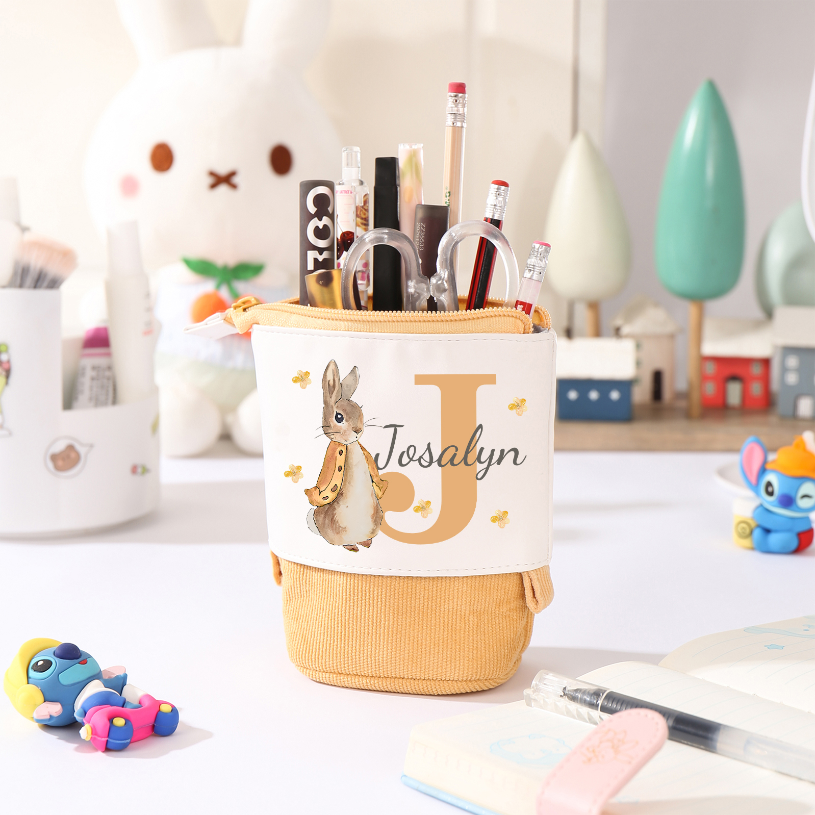 Astuccio per matite coniglio personalizzato con 1 nome e 1 lettera per scuola elementare bambini