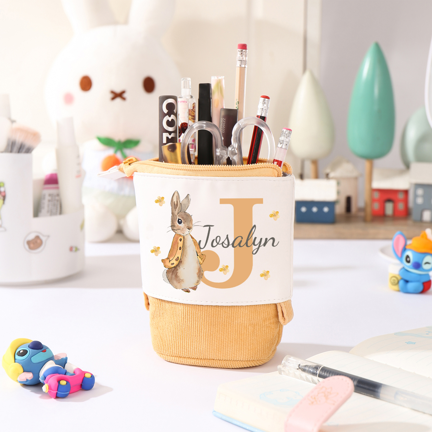 Astuccio per matite coniglio personalizzato con 1 nome e 1 lettera per scuola elementare bambini