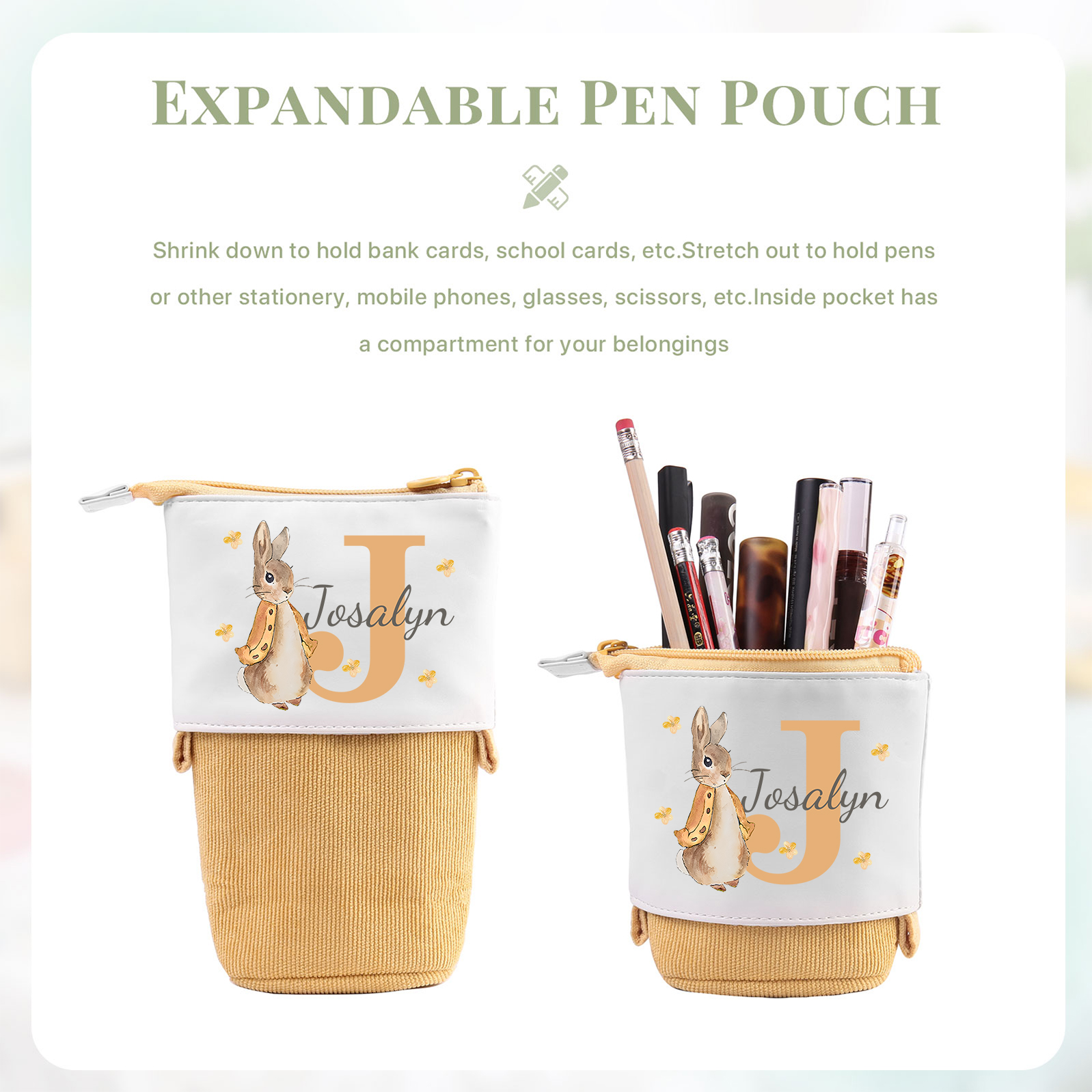 Astuccio per matite coniglio personalizzato con 1 nome e 1 lettera per scuola elementare bambini