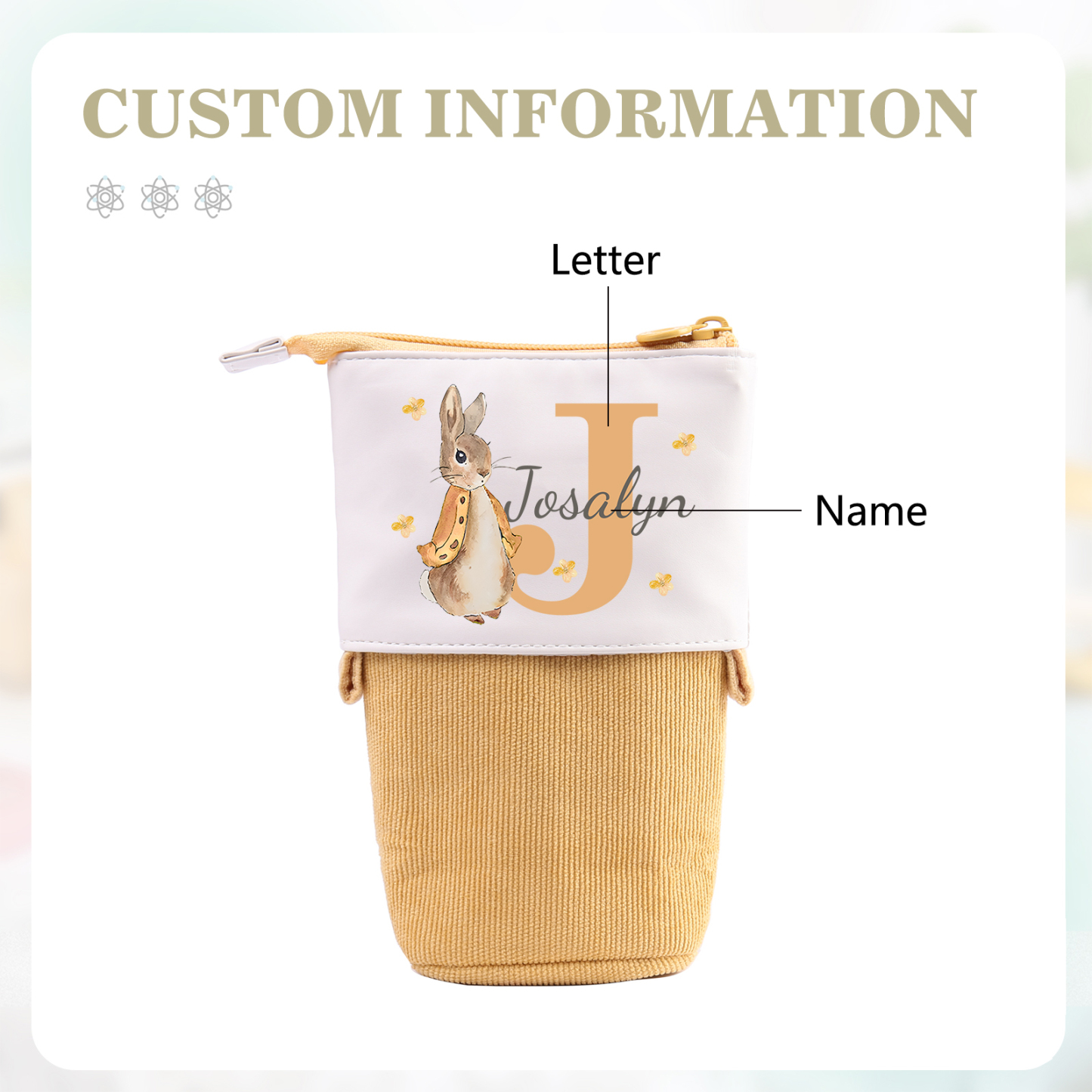 Astuccio per matite coniglio personalizzato con 1 nome e 1 lettera per scuola elementare bambini