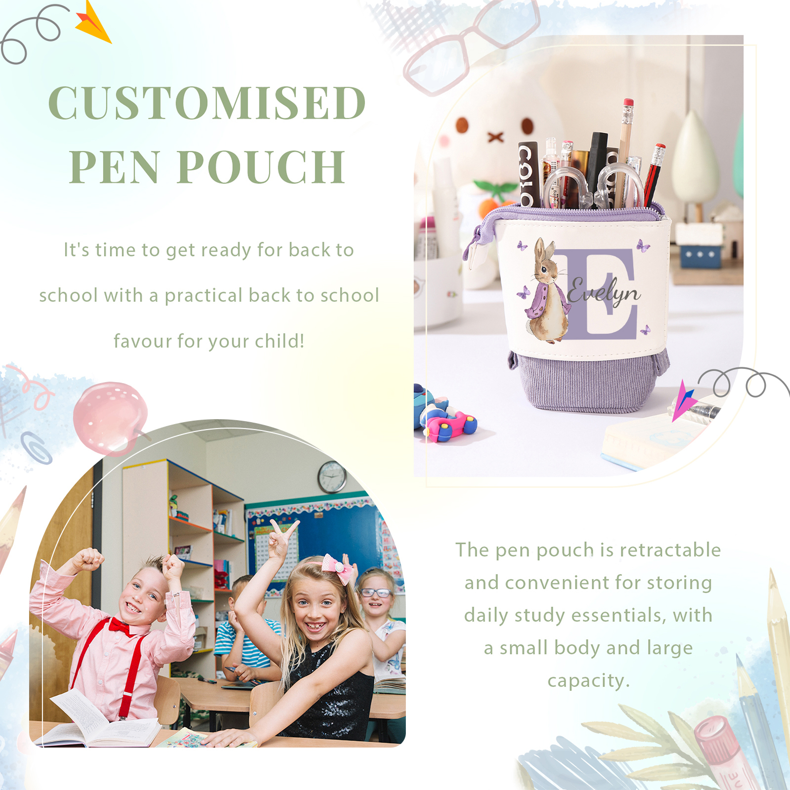 Astuccio per matite coniglio personalizzato con 1 nome e 1 lettera per scuola elementare bambini