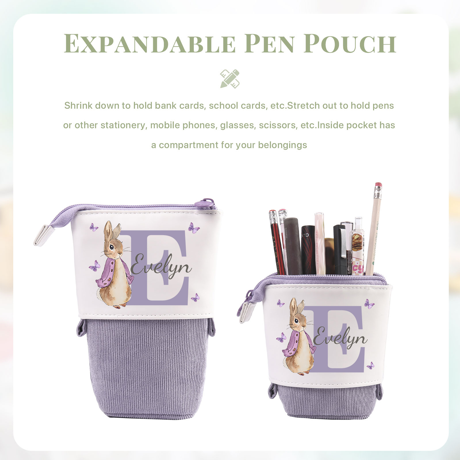 Astuccio per matite coniglio personalizzato con 1 nome e 1 lettera per scuola elementare bambini