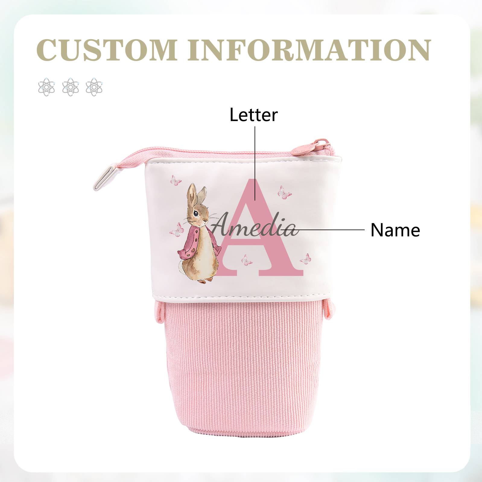 Astuccio per matite coniglio personalizzato con 1 nome e 1 lettera per scuola elementare bambini