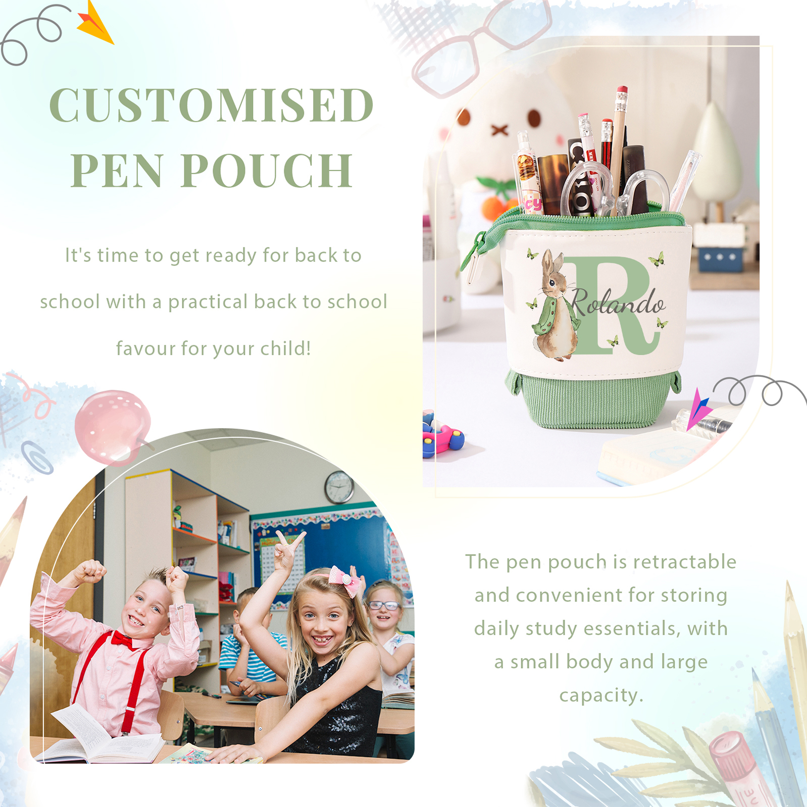 Astuccio per matite coniglio personalizzato con 1 nome e 1 lettera per scuola elementare bambini