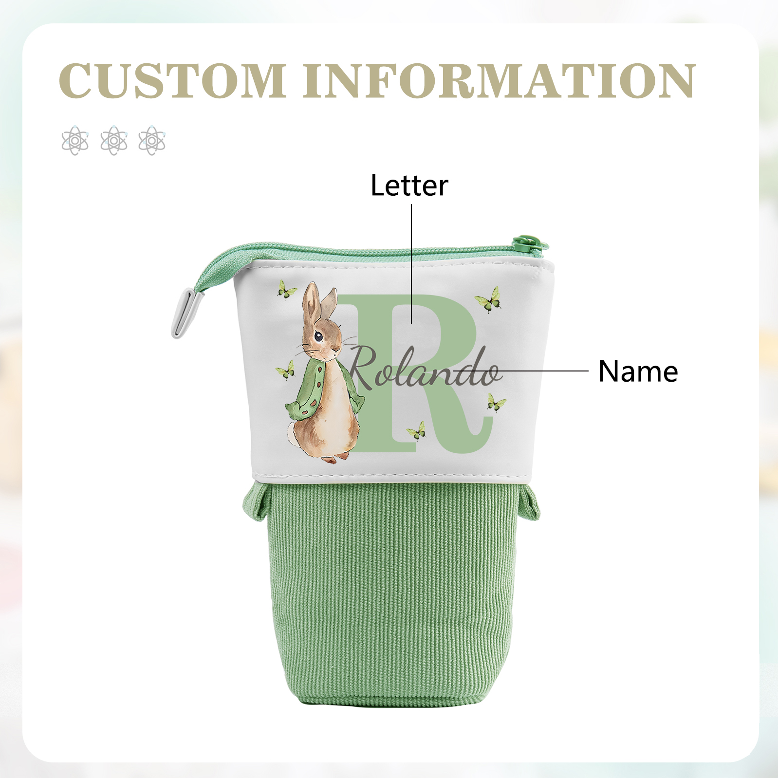 Astuccio per matite coniglio personalizzato con 1 nome e 1 lettera per scuola elementare bambini