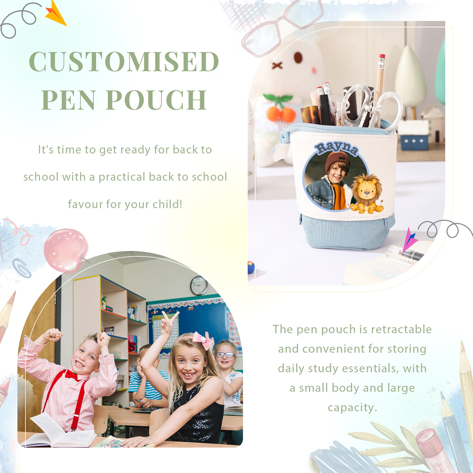 Astuccio per matite animale personalizzato con 1 nome e 1 foto e 1 animale per scuola elementare bambini