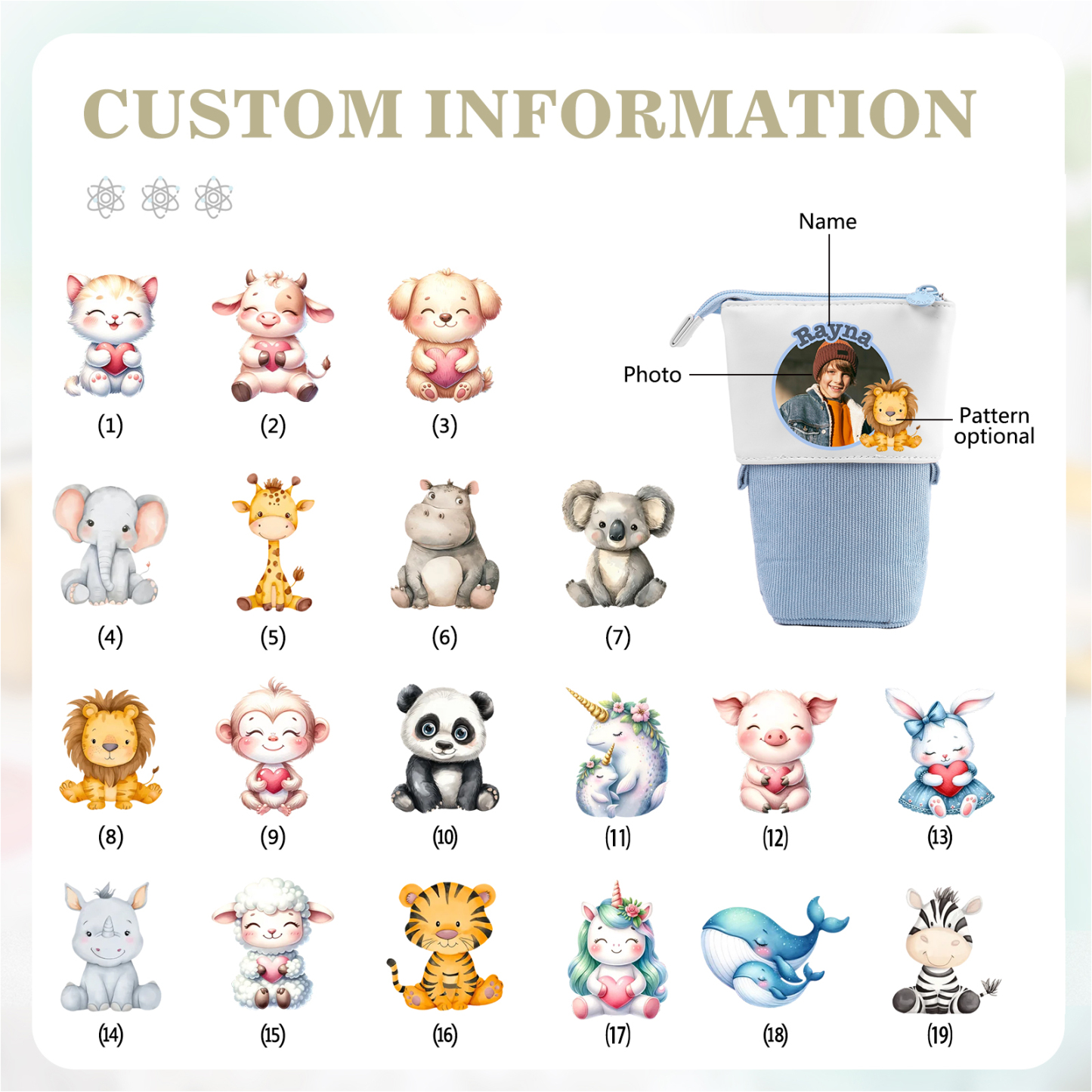 Astuccio per matite animale personalizzato con 1 nome e 1 foto e 1 animale per scuola elementare bambini