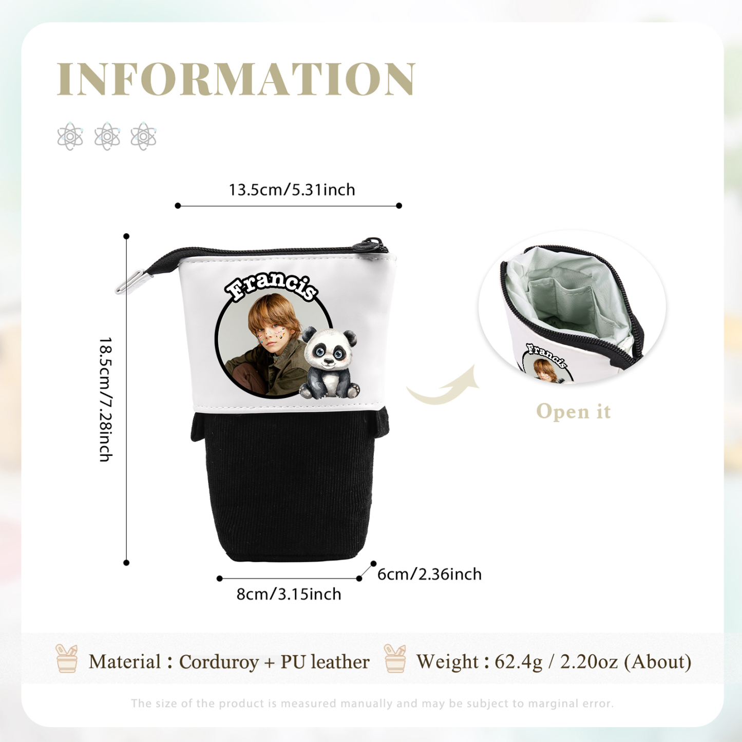 Astuccio per matite animale personalizzato con 1 nome e 1 foto e 1 animale per scuola elementare bambini