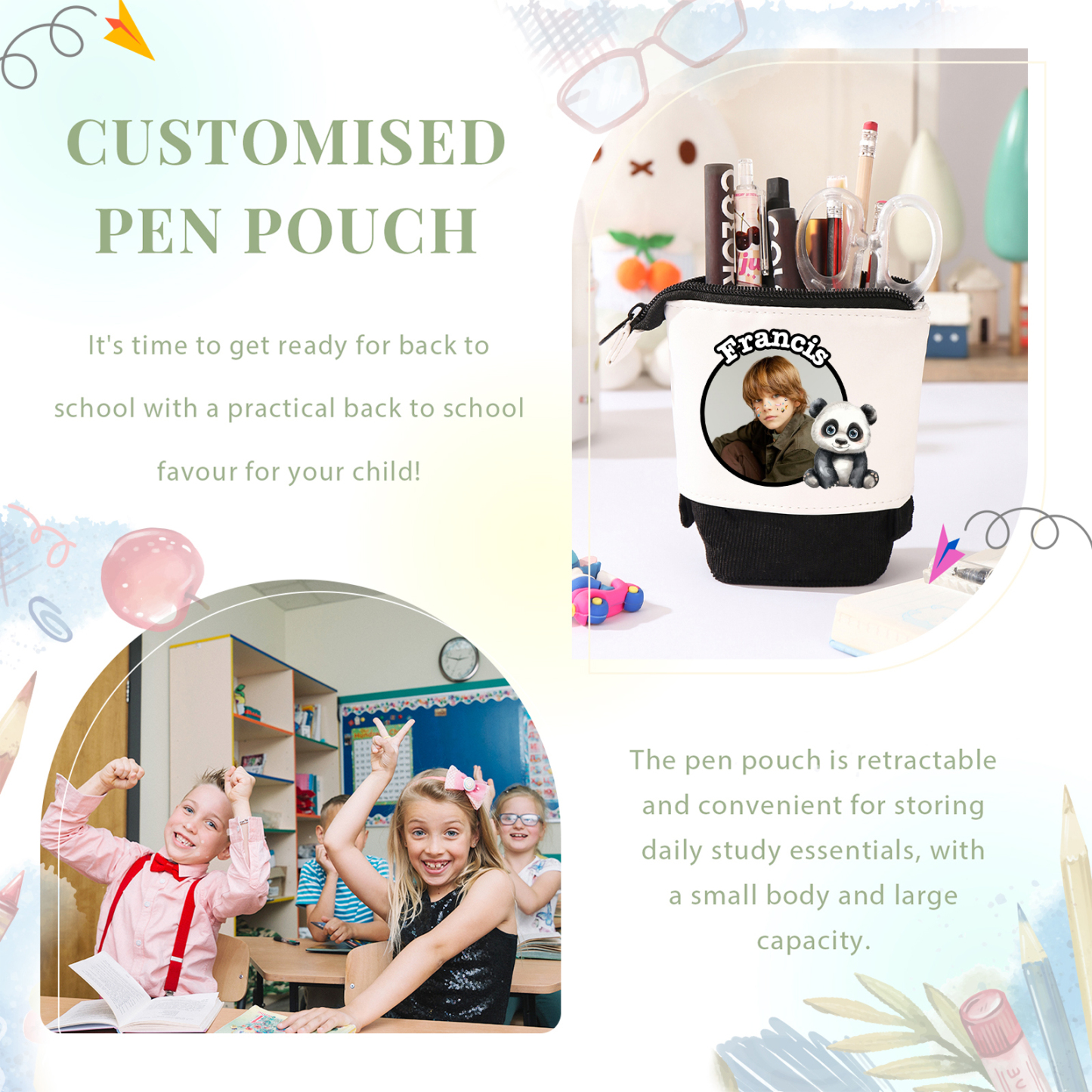 Astuccio per matite animale personalizzato con 1 nome e 1 foto e 1 animale per scuola elementare bambini