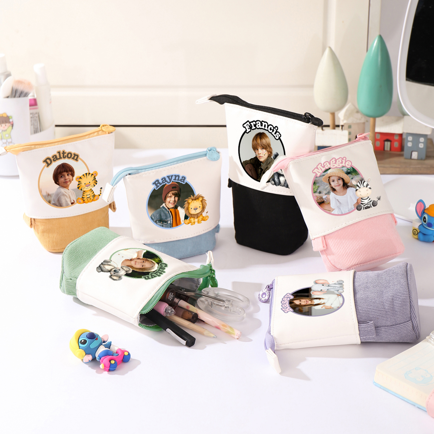 Astuccio per matite animale personalizzato con 1 nome e 1 foto e 1 animale per scuola elementare bambini