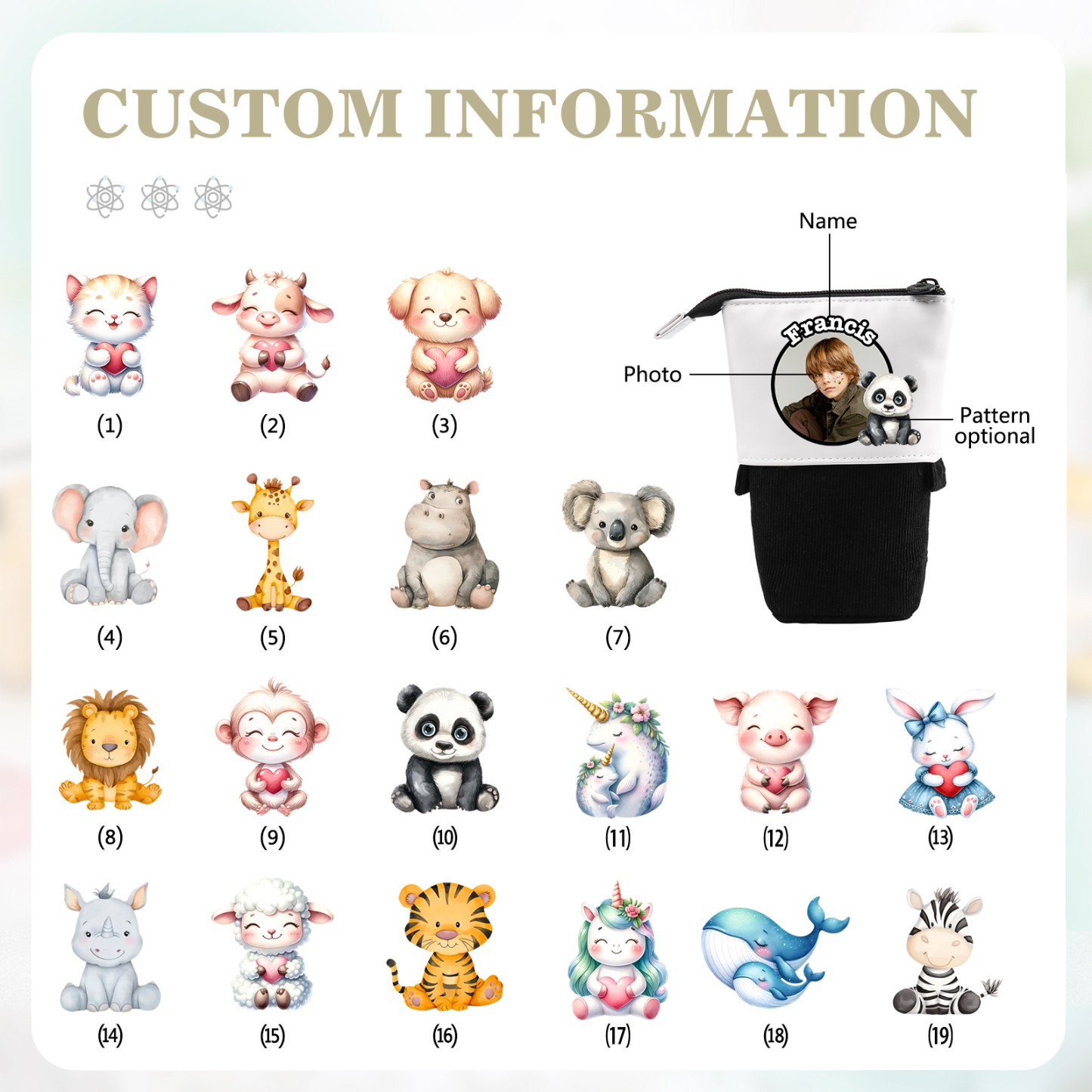 Astuccio per matite animale personalizzato con 1 nome e 1 foto e 1 animale per scuola elementare bambini