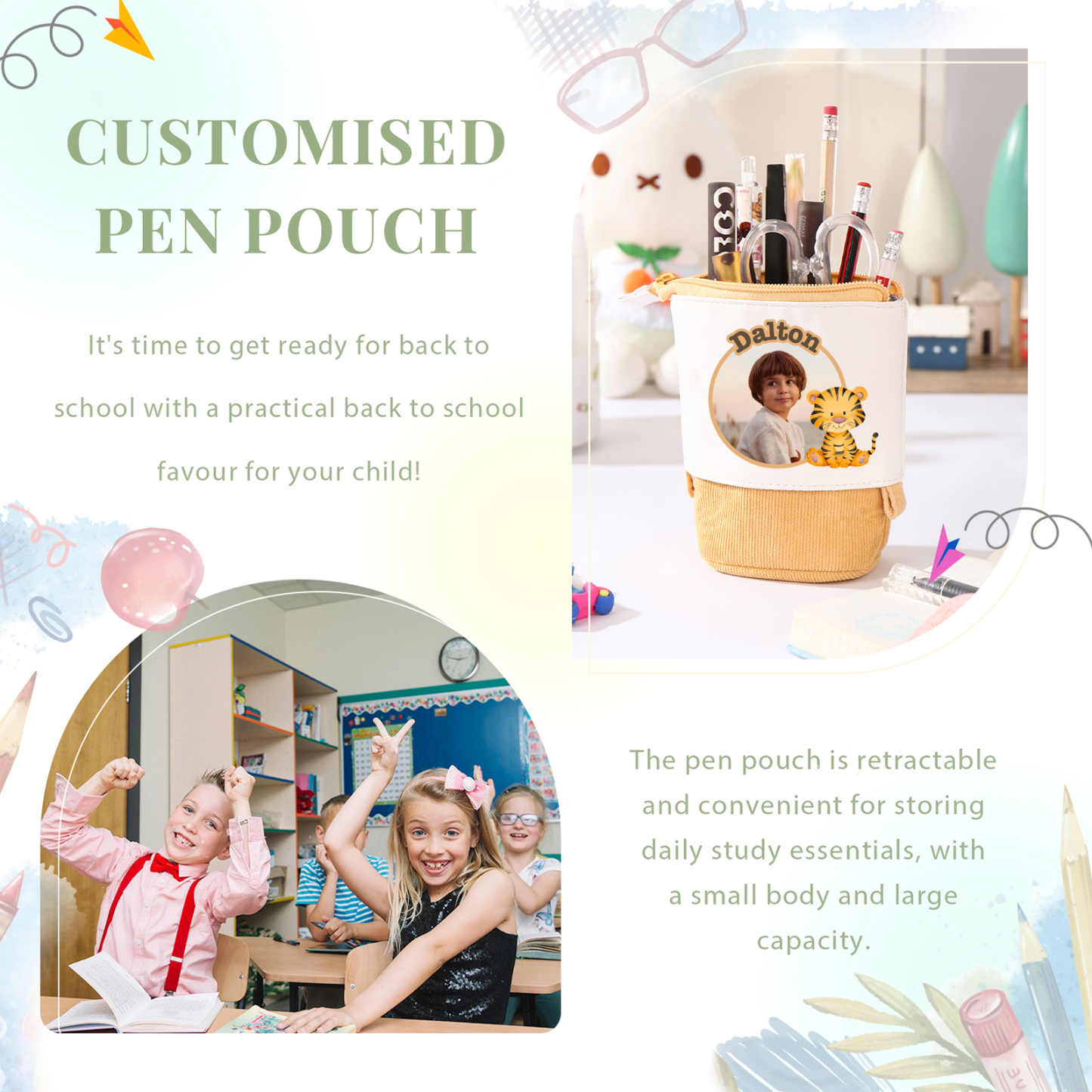 Astuccio per matite animale personalizzato con 1 nome e 1 foto e 1 animale per scuola elementare bambini
