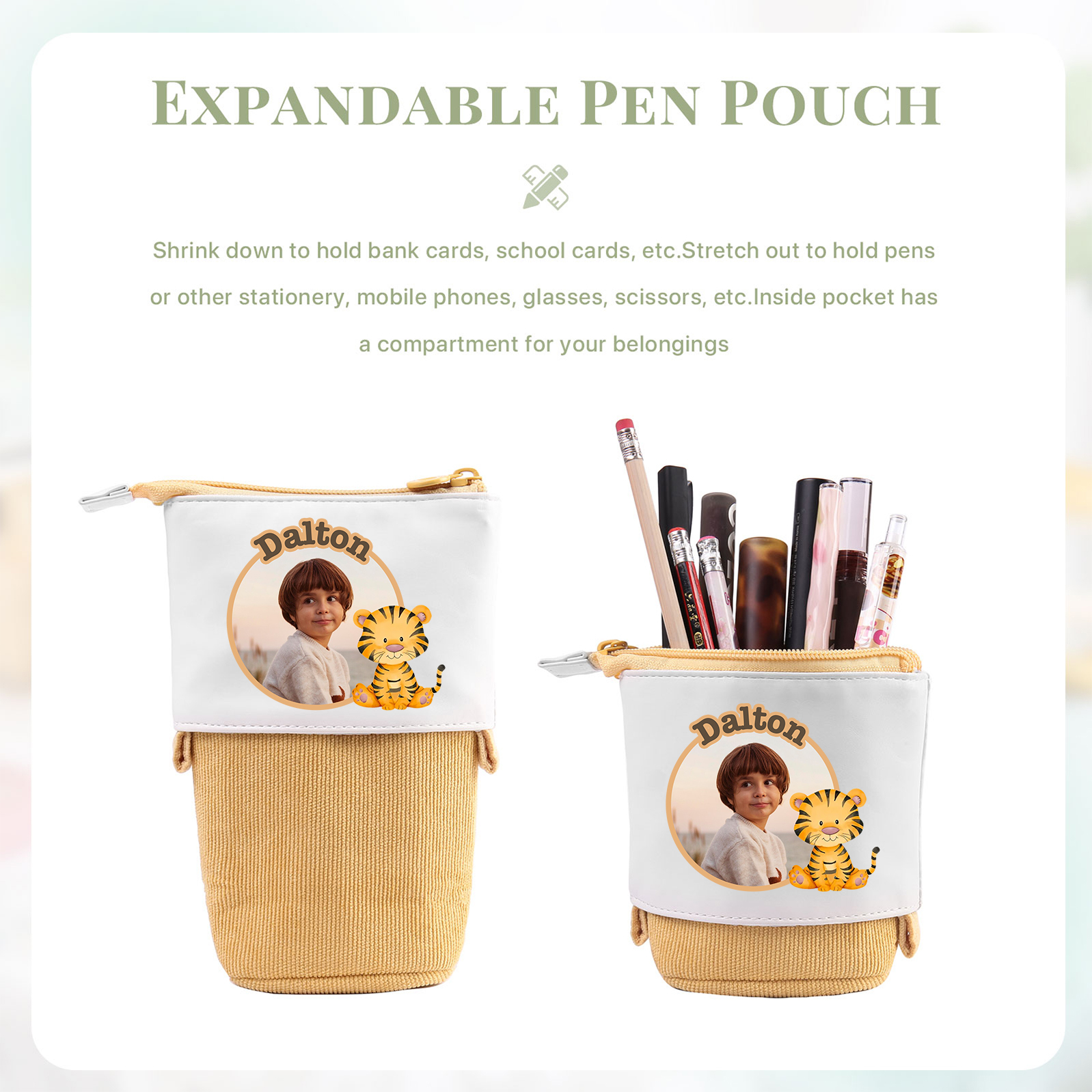 Astuccio per matite animale personalizzato con 1 nome e 1 foto e 1 animale per scuola elementare bambini