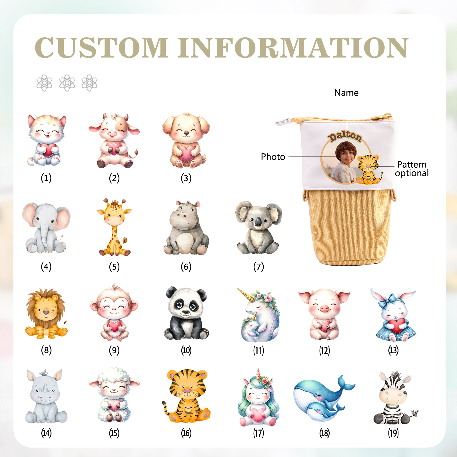 Astuccio per matite animale personalizzato con 1 nome e 1 foto e 1 animale per scuola elementare bambini