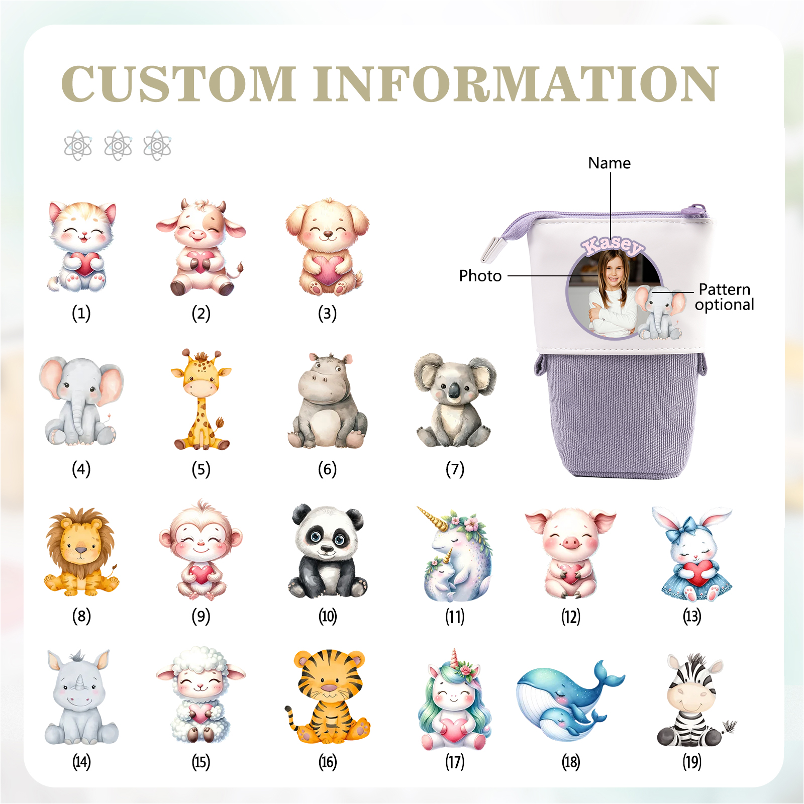 Astuccio per matite animale personalizzato con 1 nome e 1 foto e 1 animale per scuola elementare bambini