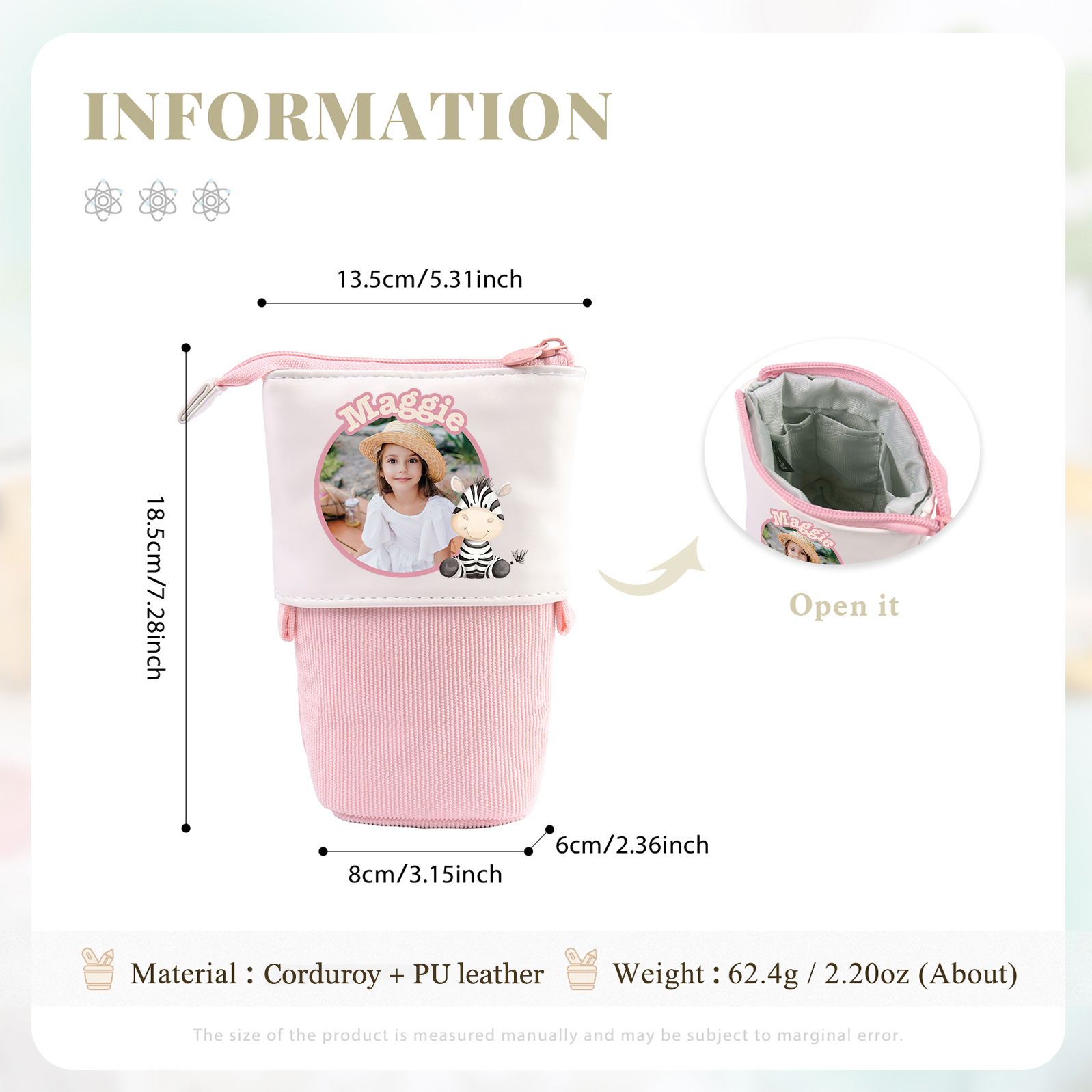 Astuccio per matite animale personalizzato con 1 nome e 1 foto e 1 animale per scuola elementare bambini