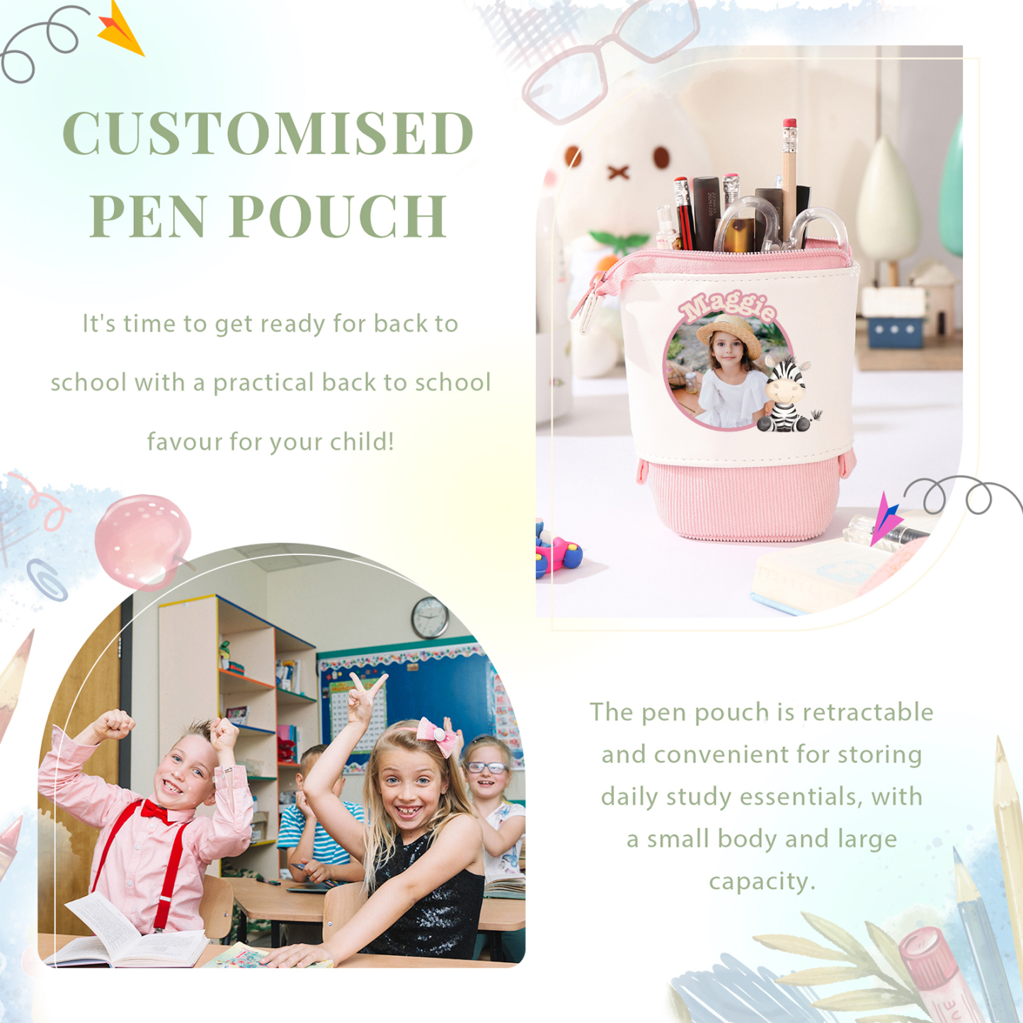 Astuccio per matite animale personalizzato con 1 nome e 1 foto e 1 animale per scuola elementare bambini