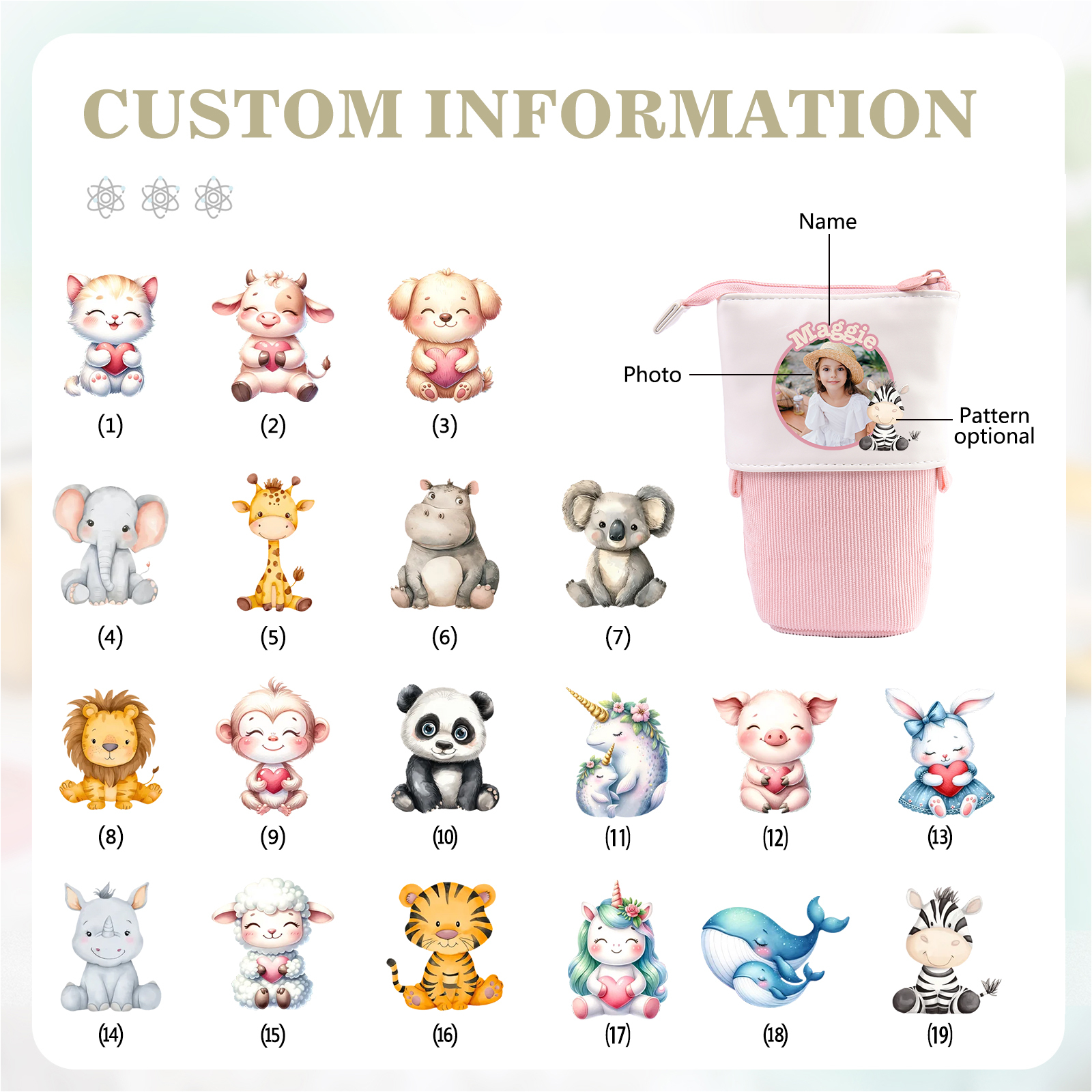 Astuccio per matite animale personalizzato con 1 nome e 1 foto e 1 animale per scuola elementare bambini