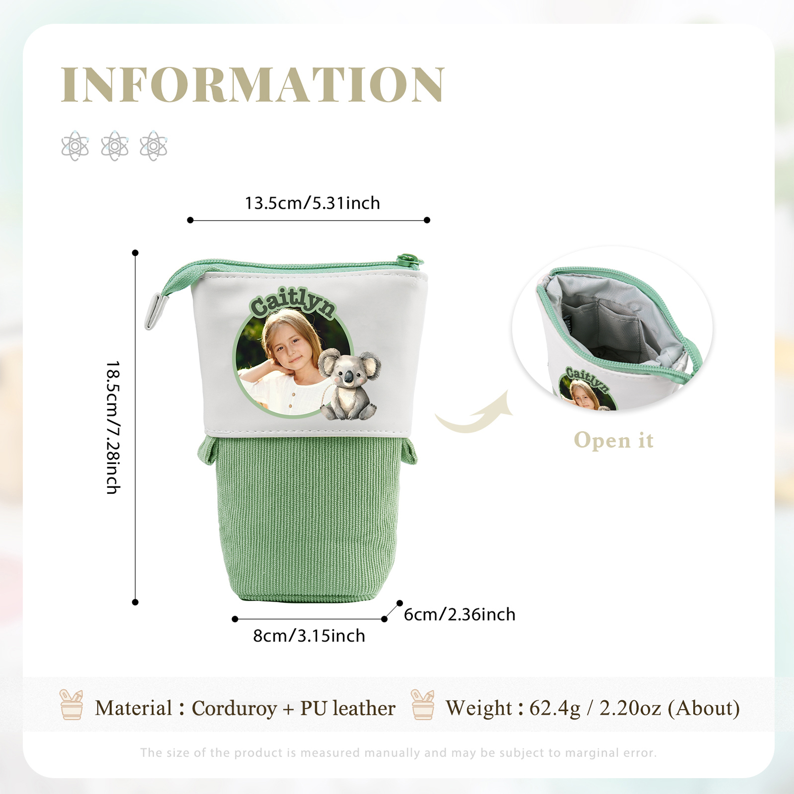 Astuccio per matite animale personalizzato con 1 nome e 1 foto e 1 animale per scuola elementare bambini