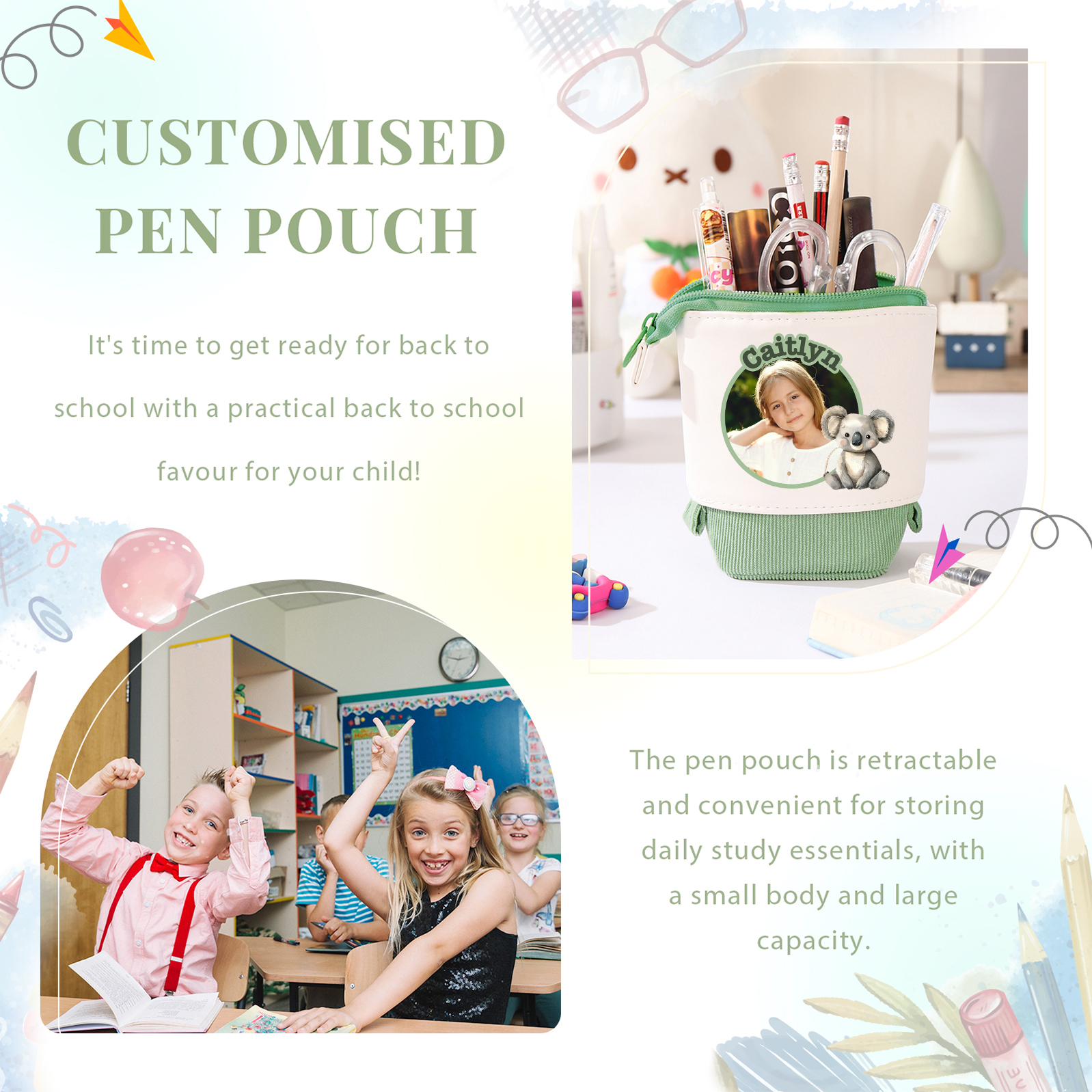 Astuccio per matite animale personalizzato con 1 nome e 1 foto e 1 animale per scuola elementare bambini