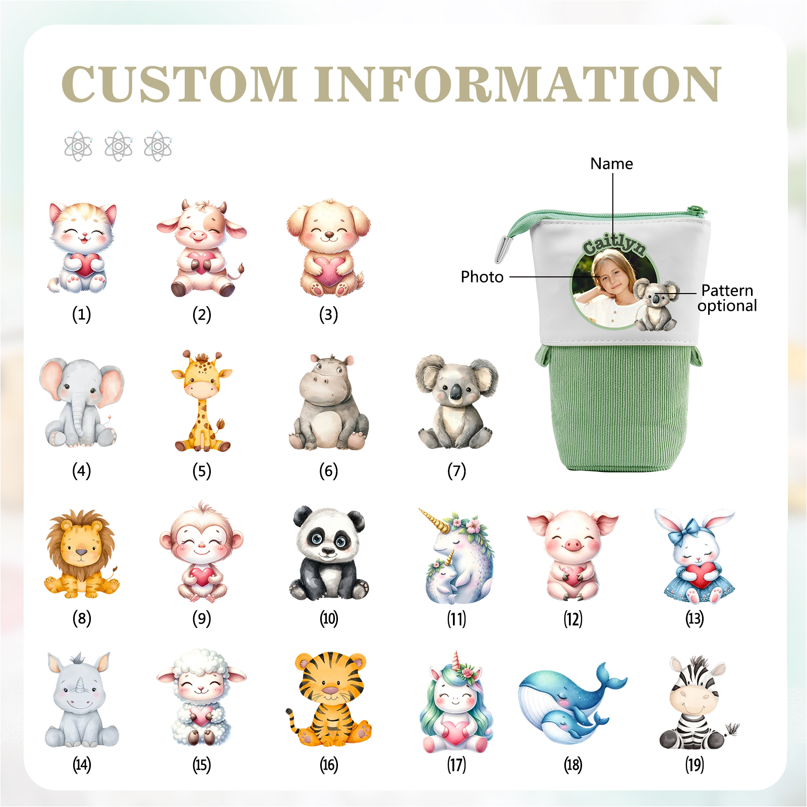 Astuccio per matite animale personalizzato con 1 nome e 1 foto e 1 animale per scuola elementare bambini