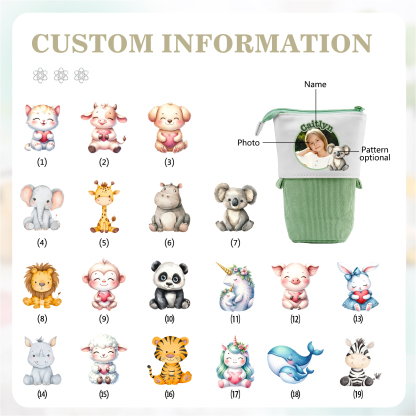 Astuccio per matite animale personalizzato con 1 nome e 1 foto e 1 animale per scuola elementare bambini