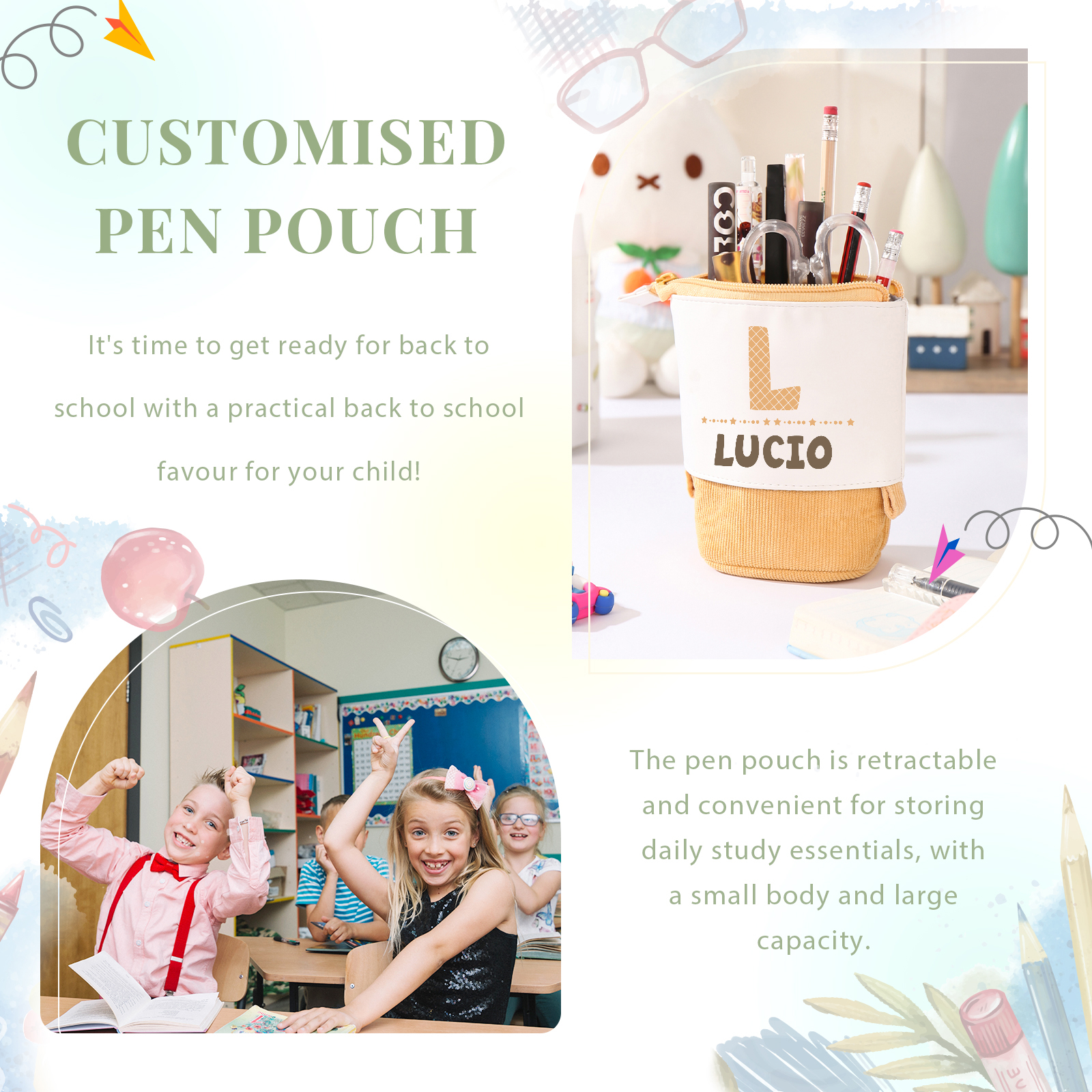Astuccio per matite personalizzato con 1 nome e 1 lettera per scuola elementare bambini