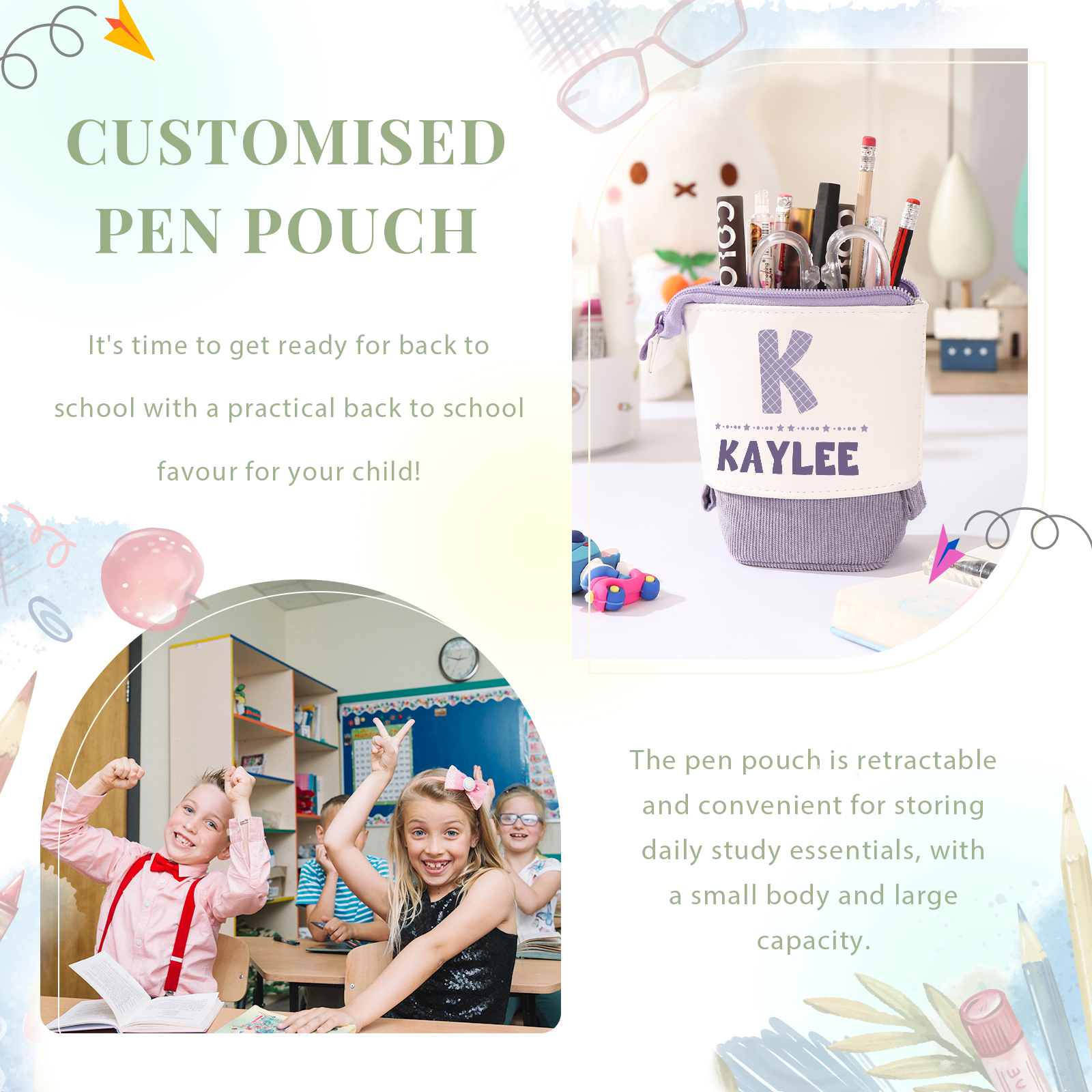 Astuccio per matite personalizzato con 1 nome e 1 lettera per scuola elementare bambini